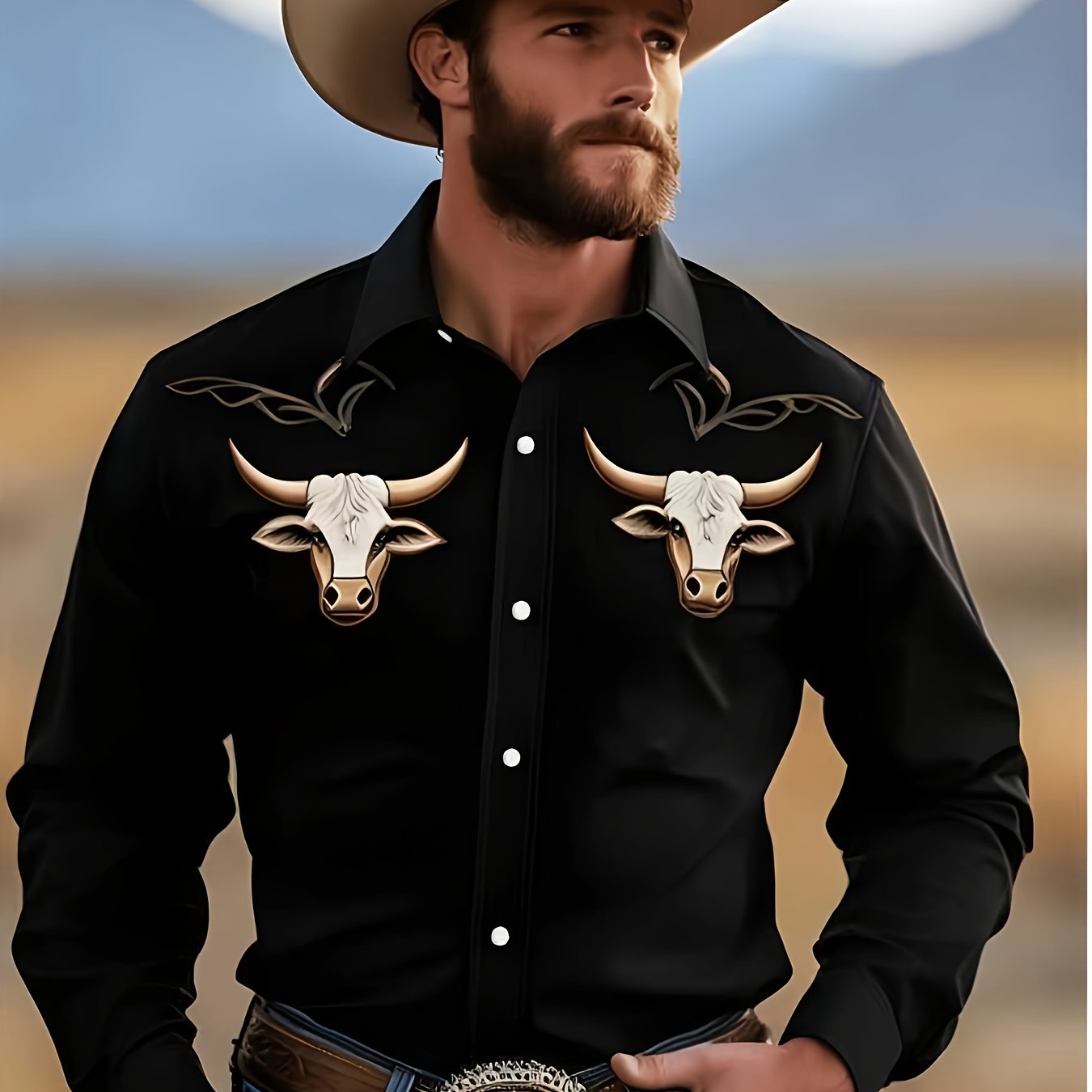 TEMU 1pc Vintage Style Men's Casual Western Shirt - Long Sleeve Button-up Polyester Shirt With Print, Regular Fit Suitable For Outdoor Activities,