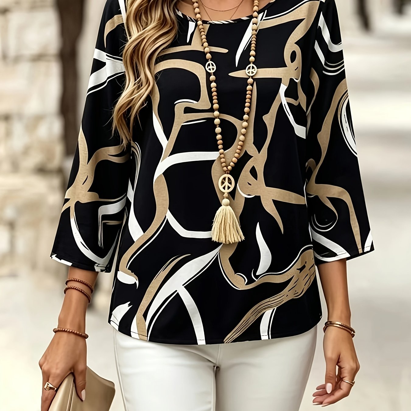 TEMU Women's Casual Round Neck Blouse With Elegant Mid-length Sleeves