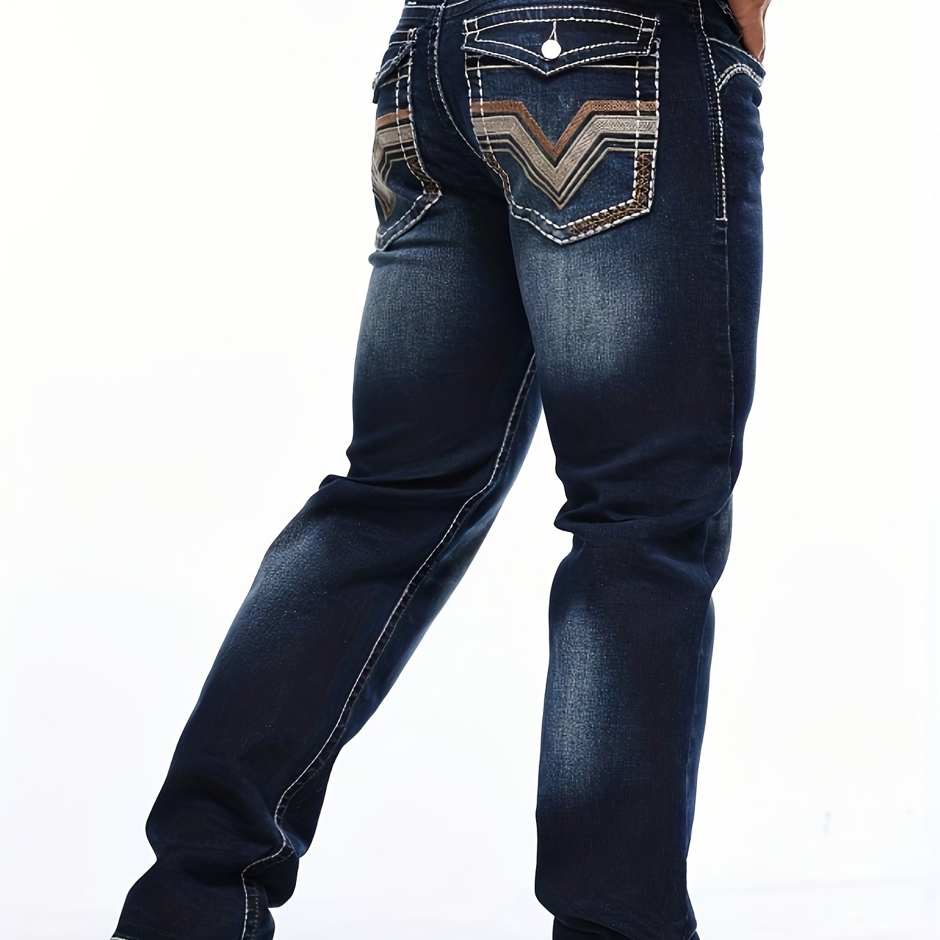 Men's Vintage-inspired Slim Fit Embroidered Stretch Jeans - Mid-rise, Dark Blue With , Cotton Blend, Machine Washable - Perfect For