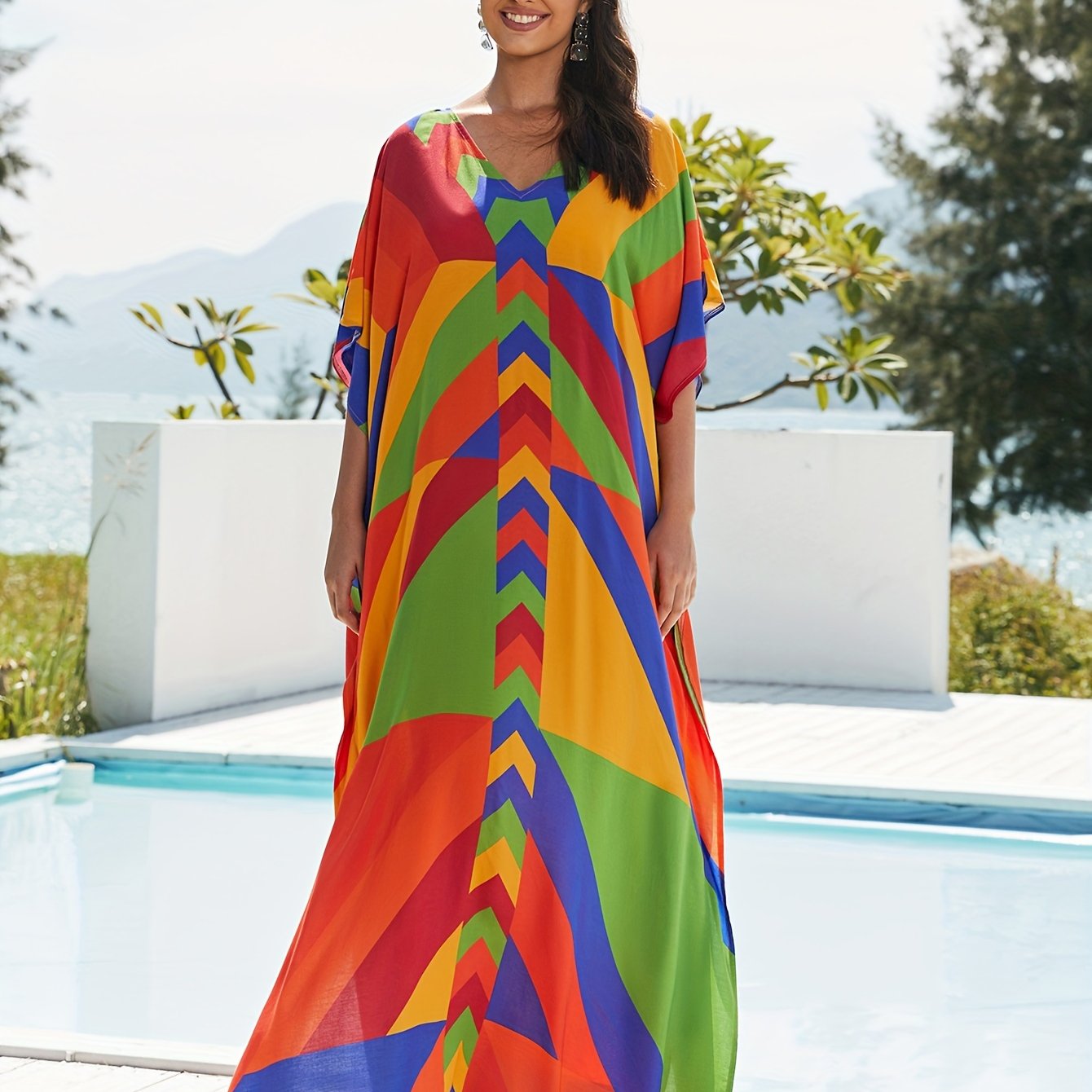 TEMU Plus Size V Neck Print Batwing Sleeve Loose Fit Up Kaftan Dress, Women's Swimwear & Clothing