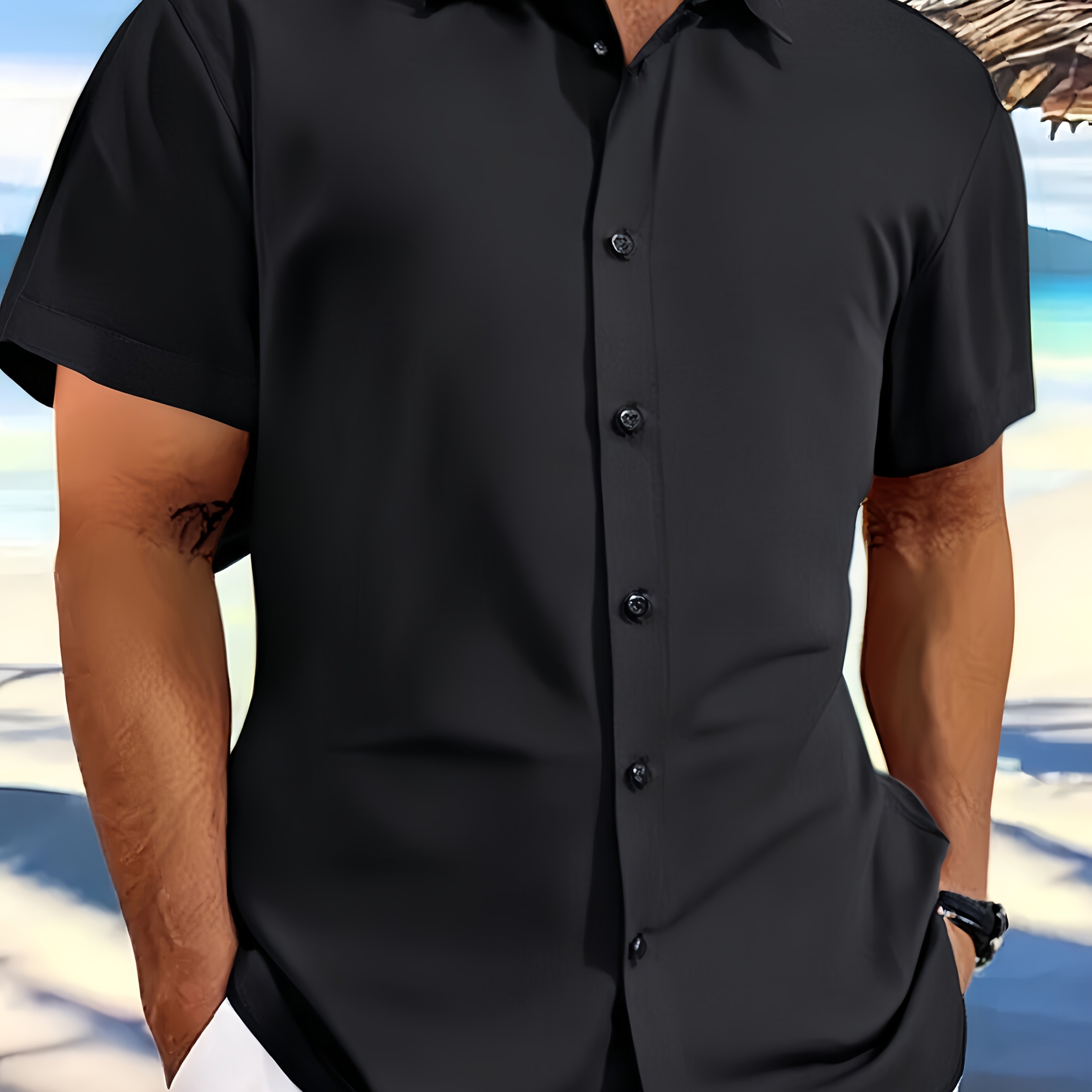 Image of Men's Casual Button- Shirt - Short Sleeves, Polyester, Classic Collar, Perfect For Summer , Parties And Casual Wear, Daily Buttons | Versatile Casual | Non-stretch Material
