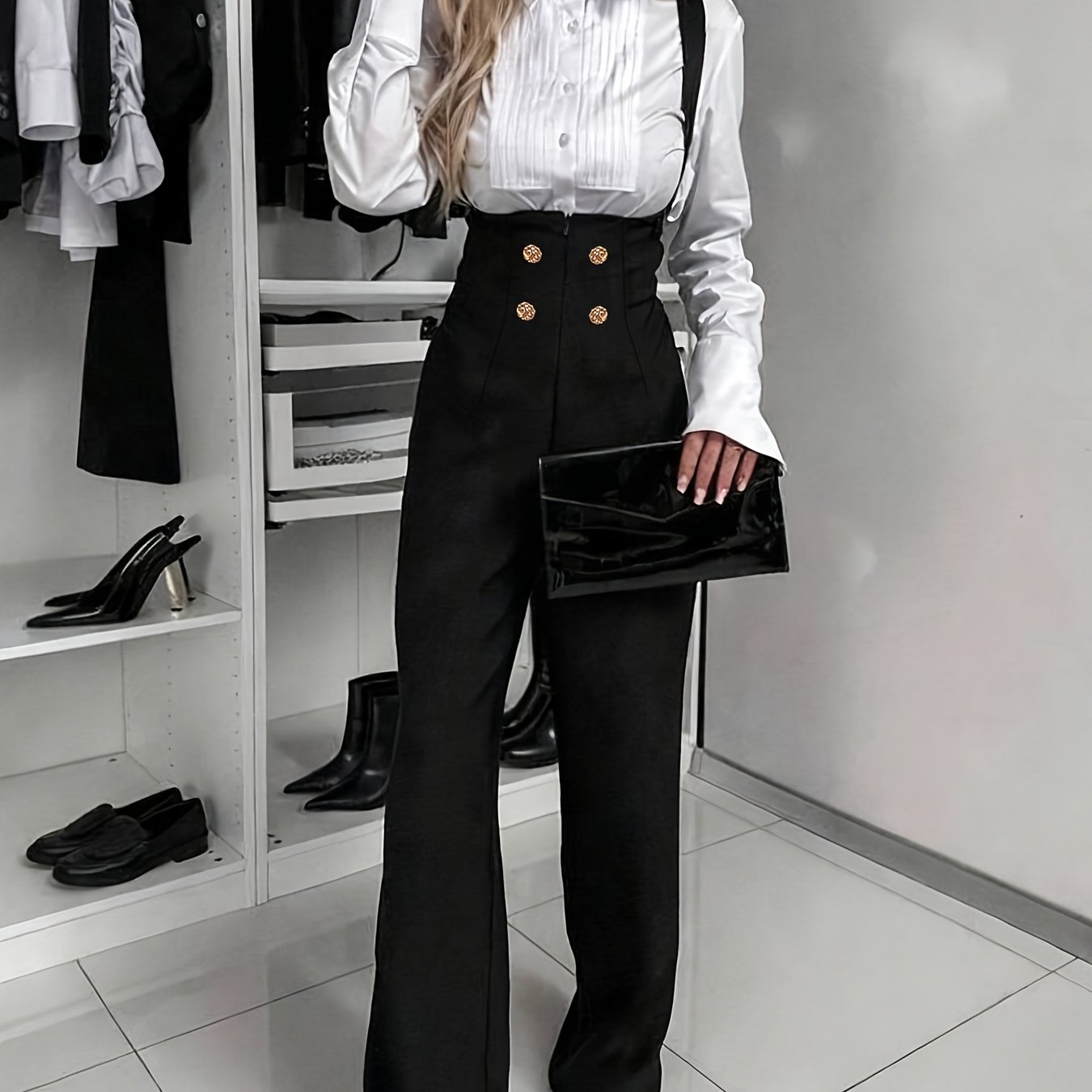 E-shop Neue elegante modische Damen-Latzhose mit hoher Taille, weitem Bein goldenen Knöpfen für Pendlerinnen