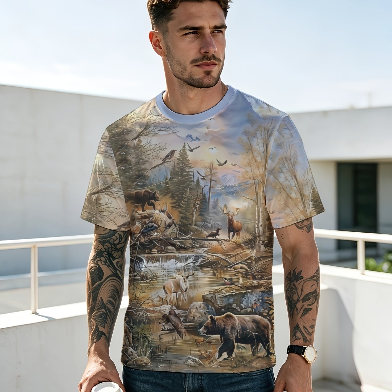 TEMU [printed Design- Not Textured] Abstract Summer Animal Pattern Short-sleeve Design T-shirt, Trendy Men's Casual Fashion Top