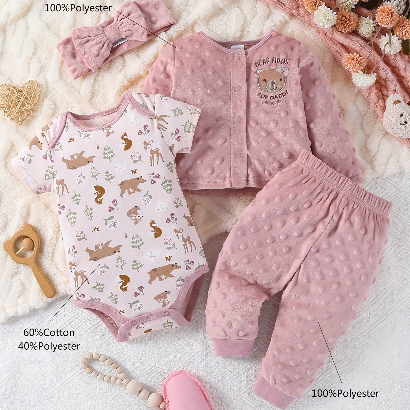 TEMU 4pcs Autumn And Winter Baby Girl Triangular Jumpsuit, Cartoon Cute Bear Style Velvet Long-sleeved Hair Tie Baby Girl Set Long Pants, For Outdoor