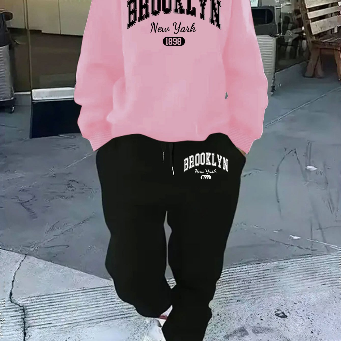 TEMU Plus Size - Fashionable Oversized Women's Fleece Sweatshirt And Pants Set With A Minimalist Letter 1898 Print, Suitable For Spring, Autumn, And