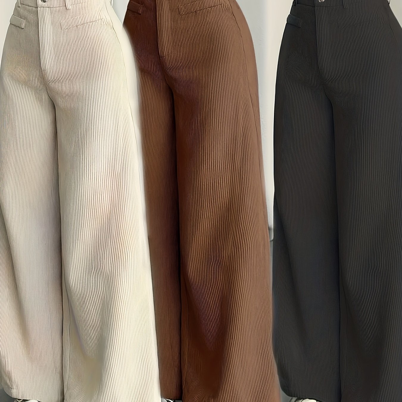 E-shop MS25072820 Damen High-Waist Wide-Leg Hose - Cord Textur Freizeithose, Ganzjahreskomfort, Maschinenwaschbare Beige Hose Dreiteiliges Set