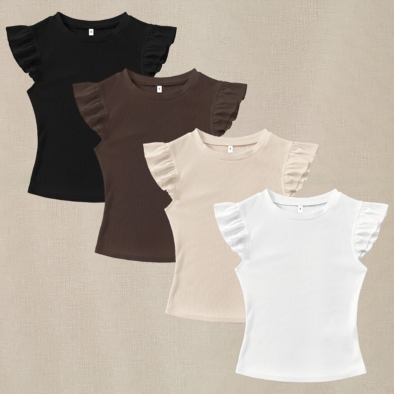 TEMU 4pcs Pack, Ribbed Fabric Round Neck Puff Sleeve Slim Fit T-shirts, Suitable For Summer