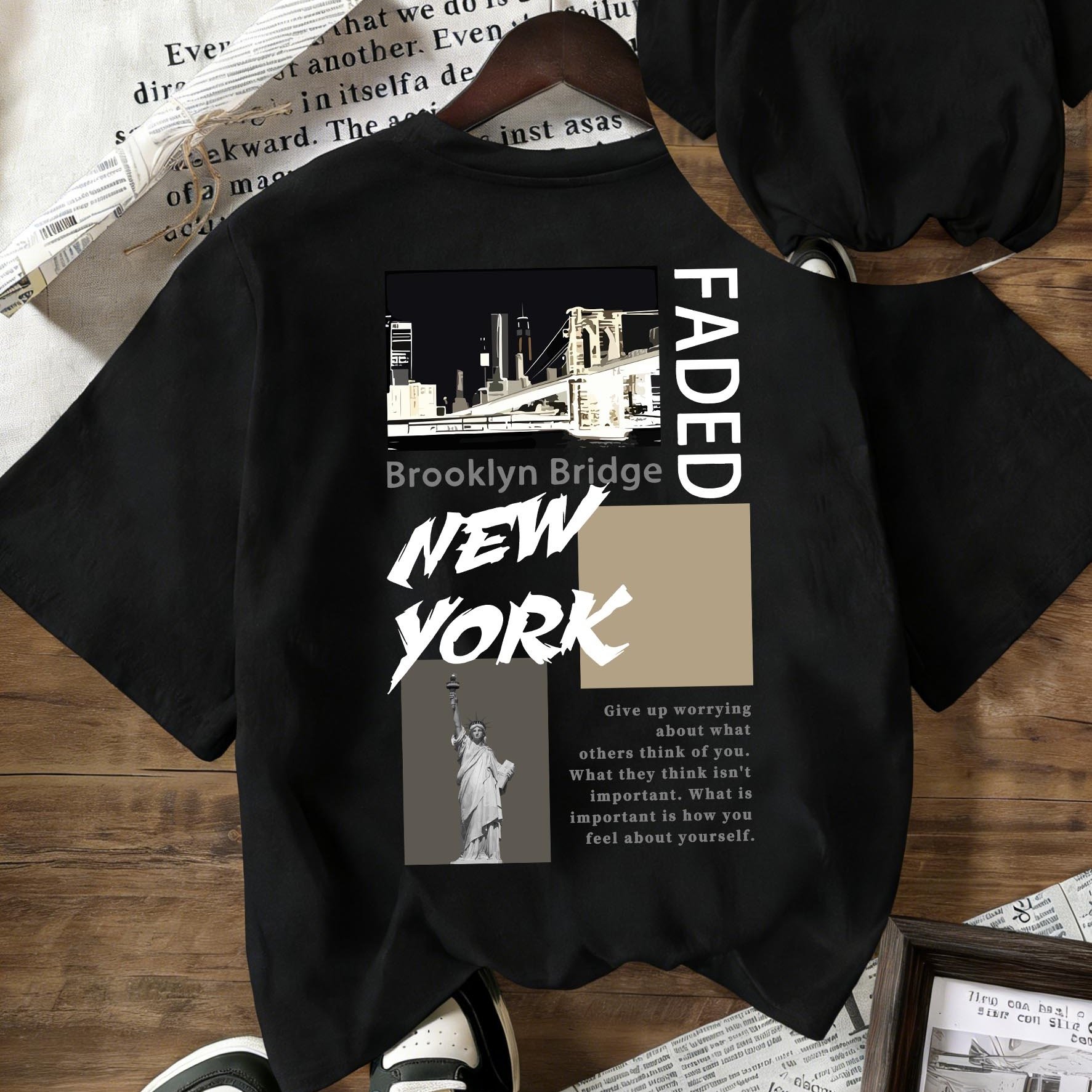 TEMU "front And Back Print" Short-sleeved Crew Neck T-shirt 2026 Summer Black Casual Letter Statue Of Bridge Vacation Pattern Print Women's Fun