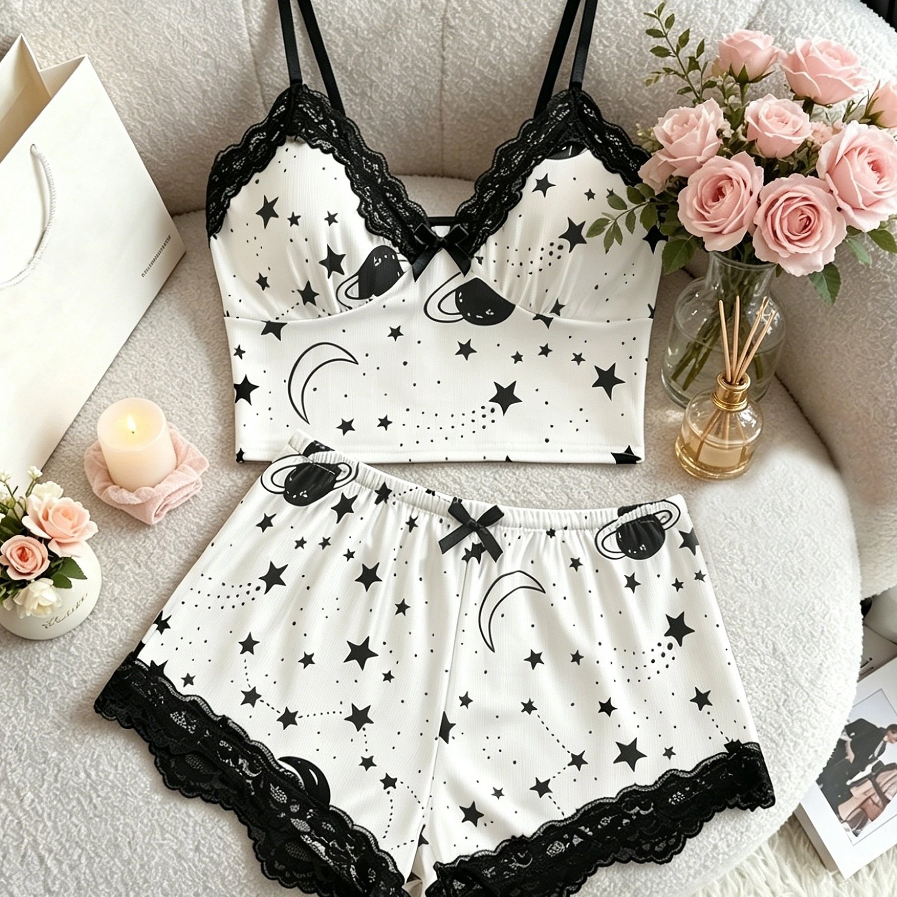 TEMU 2pcs Elegant V-neck Lace Women's Pajamas, Cute Printed Bow Camisole And Shorts Soft Comfortable Sleepwear