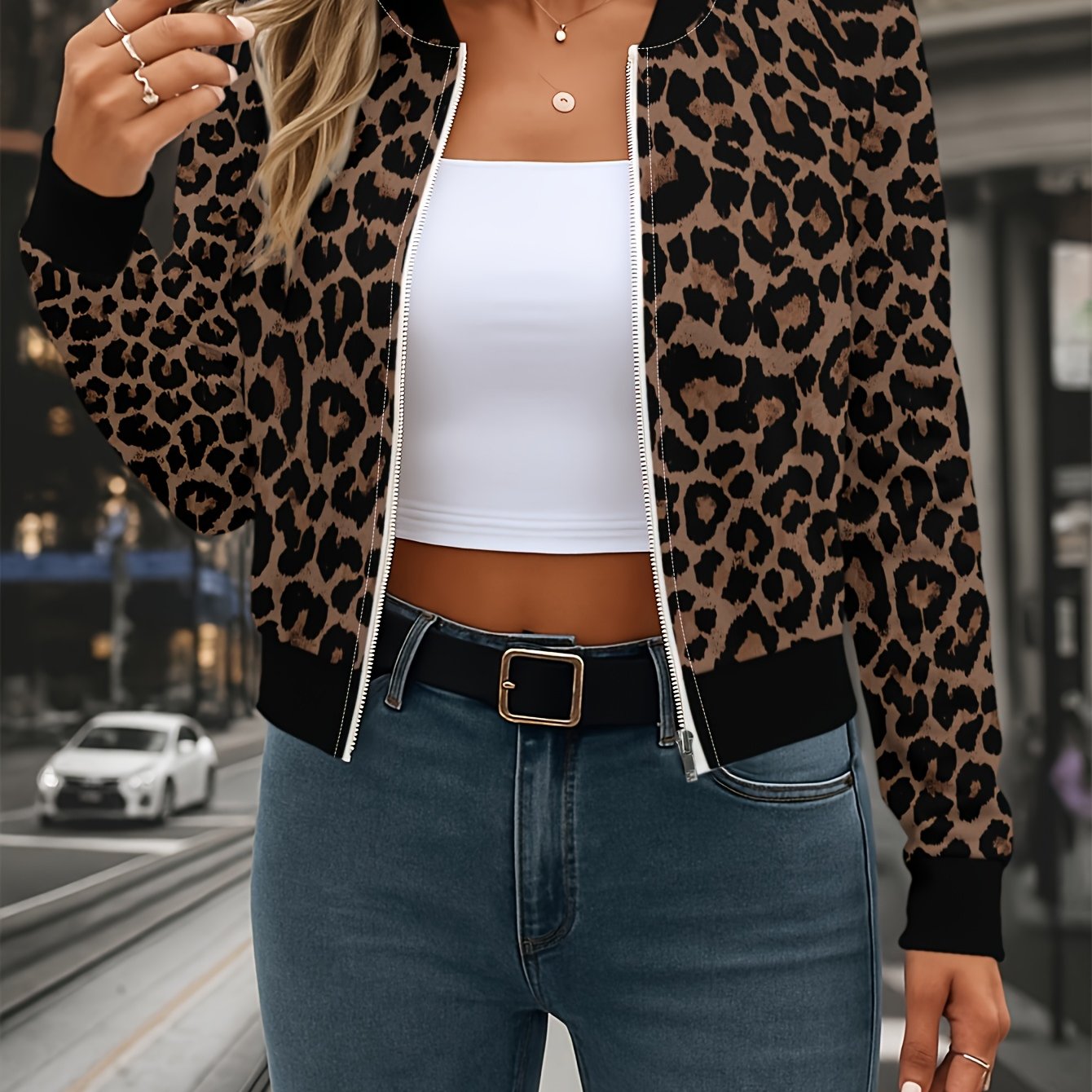 TEMU Women's Leopard Print High-waisted Zip Jacket