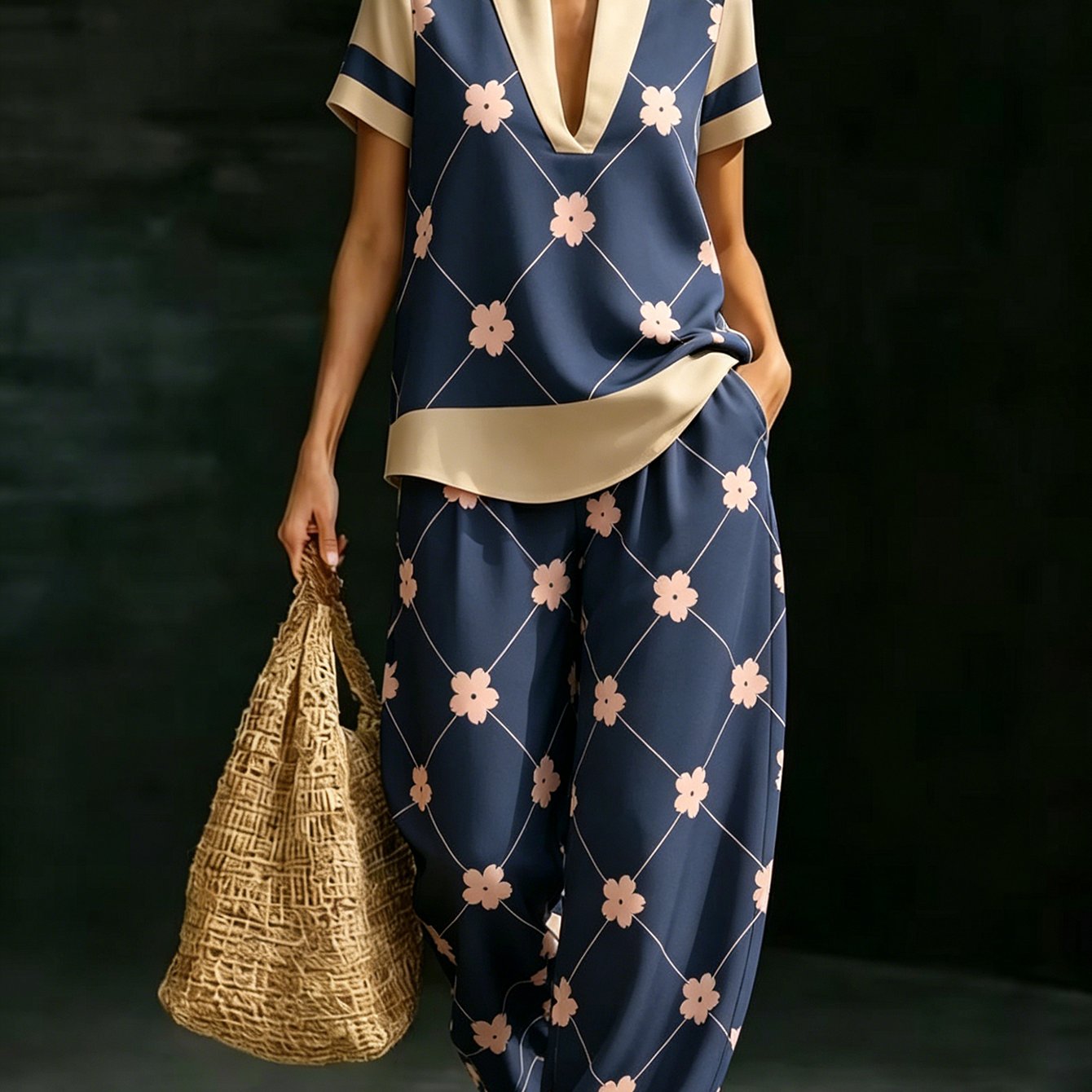 TEMU Women's Summer Casual 2pcs Set, Color Block V-neck Floral Print, Loose Wide-leg Silhouette, Mature Commuter Style, Made Of Smooth Breathable