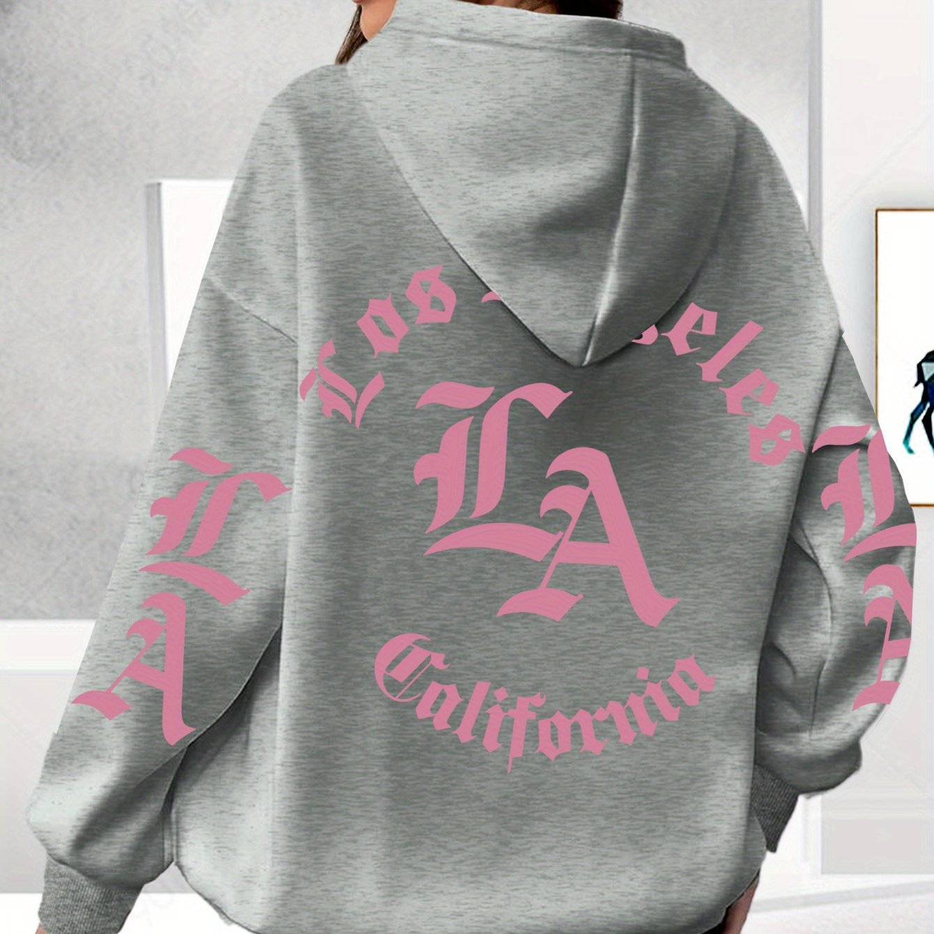 TEMU {popular Extension} Hooded Sweatshirt With Long Sleeves And Los Angeles Letter Print, Casual Oversized Hooded Sweatshirt