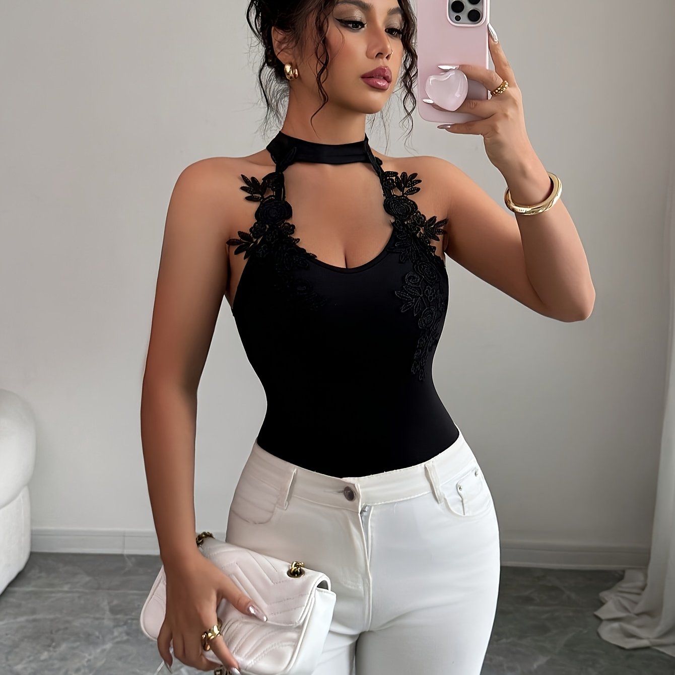 TEMU Women's Stylish Lace Trim Halter Sexy Versatile Tank Top