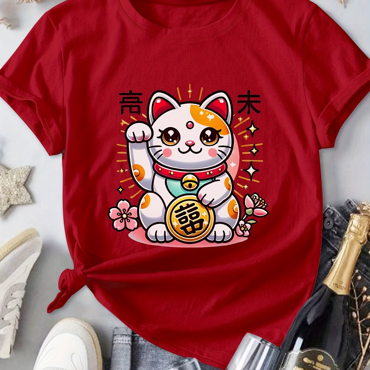 TEMU haut à manches courtes pour femmes, avec un imprimé chat et pièce de monnaie pour le An. Cette chemise décontractée à col rond, douce et