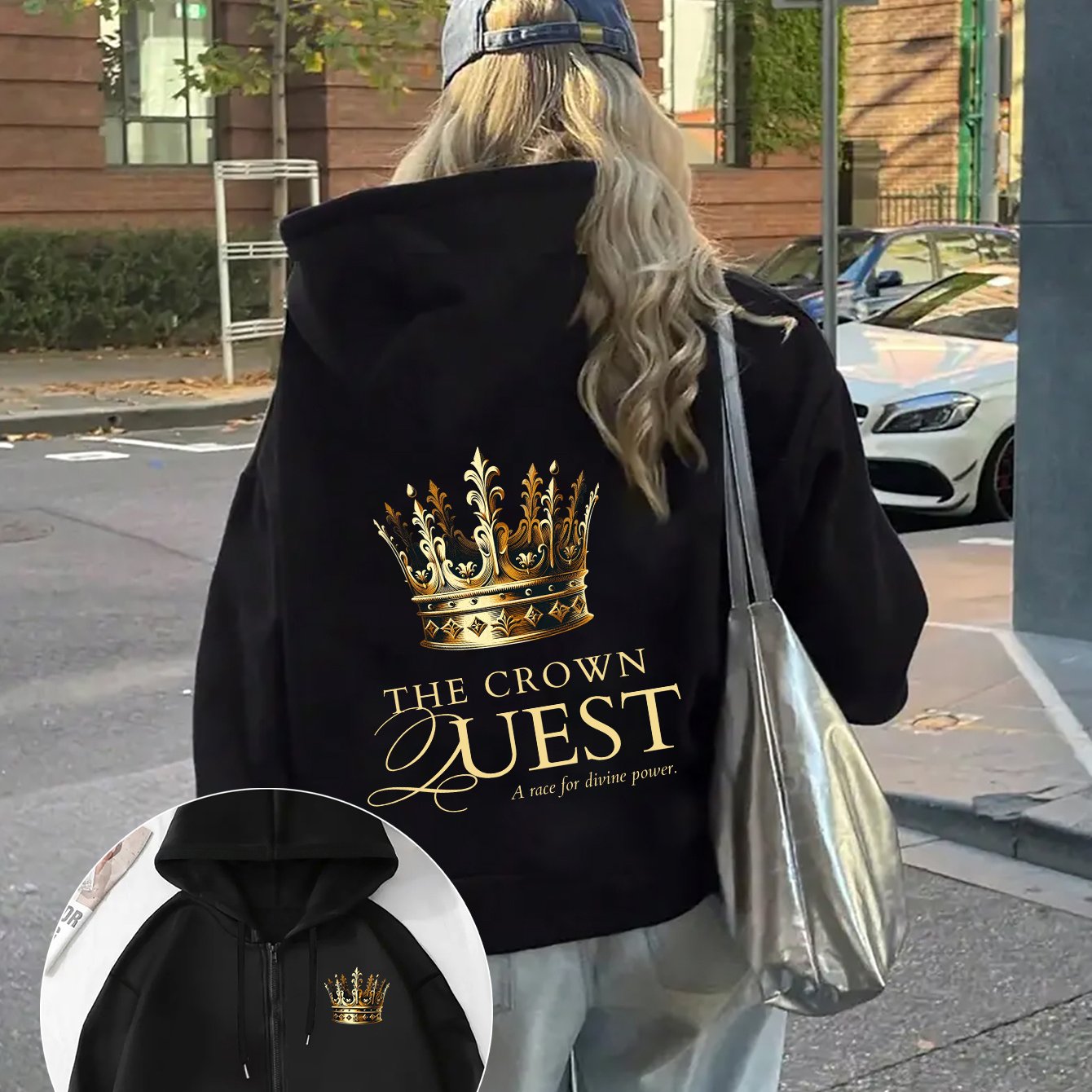 TEMU Ladies' Fashionable Crown Letter Print, Long Sleeved Pocket Hooded Zipper Jacket, Women', Suitable For Autumn And Winter