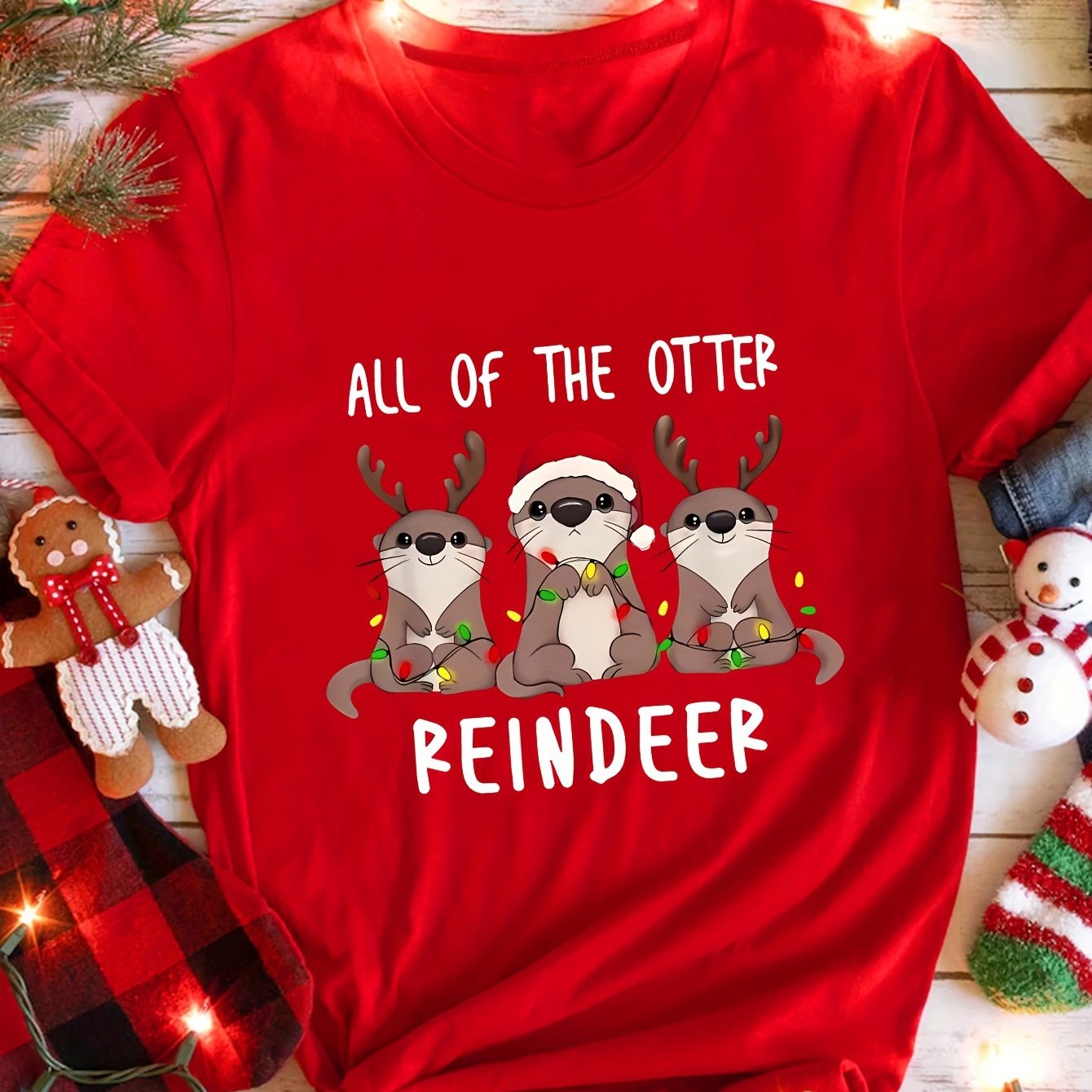 TEMU Christmas Otter Reindeer Print T-shirt For Women, Short Sleeve, Round Neck, Casual Summer Fashion Top, Polyester Knit Fabric, , Regular Fit,