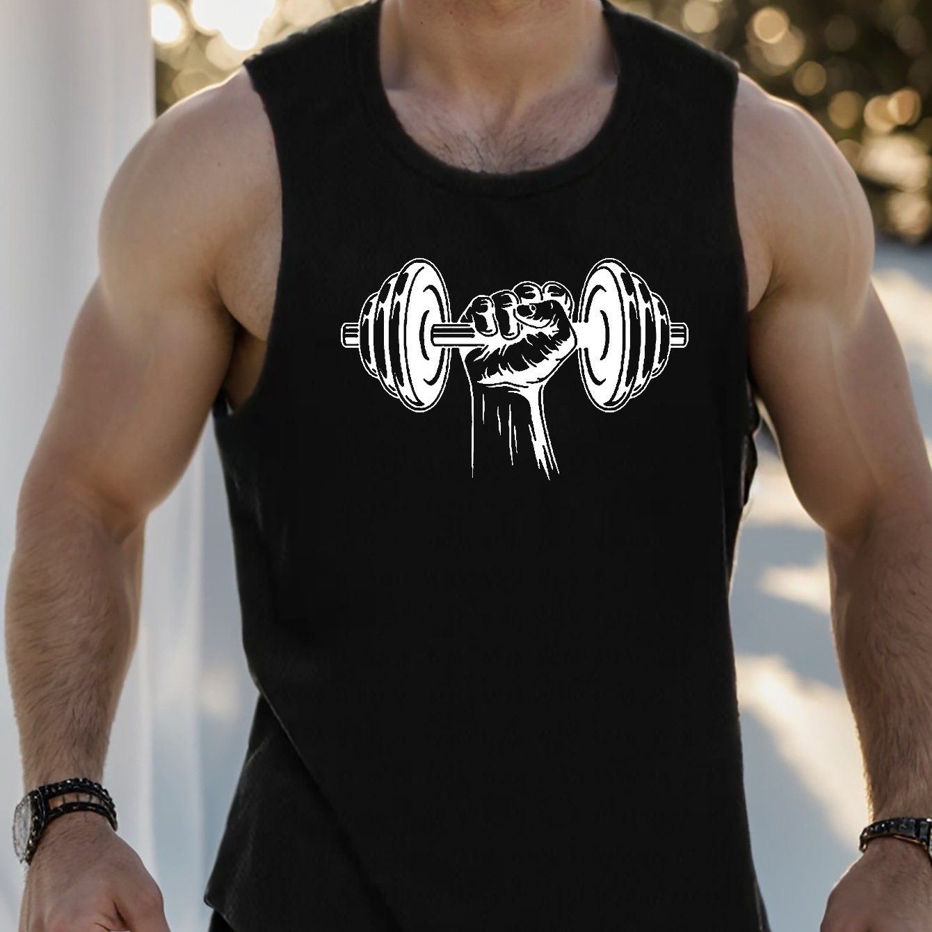 Temu TEMU Dumbbell Print Sleeveless Tank Top, Men's Active Undershirts For Workout At The Gym sold by Temu Affiliate Program