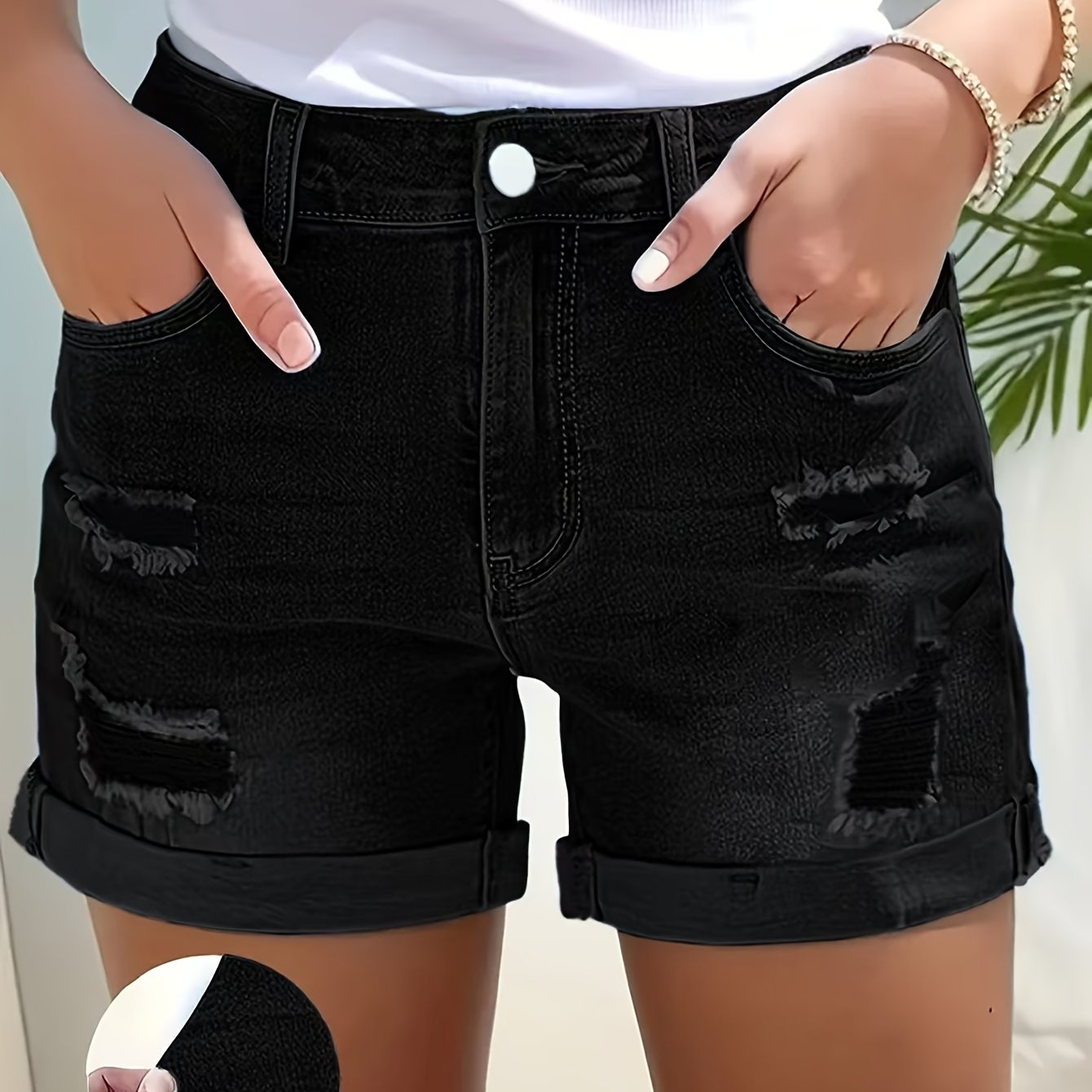 25aw+ Distressed Women's Stretch Denim Shorts With Vintage Street Style Rips - Mid-length Casual Summer Shorts For Spring And Summer Outfits