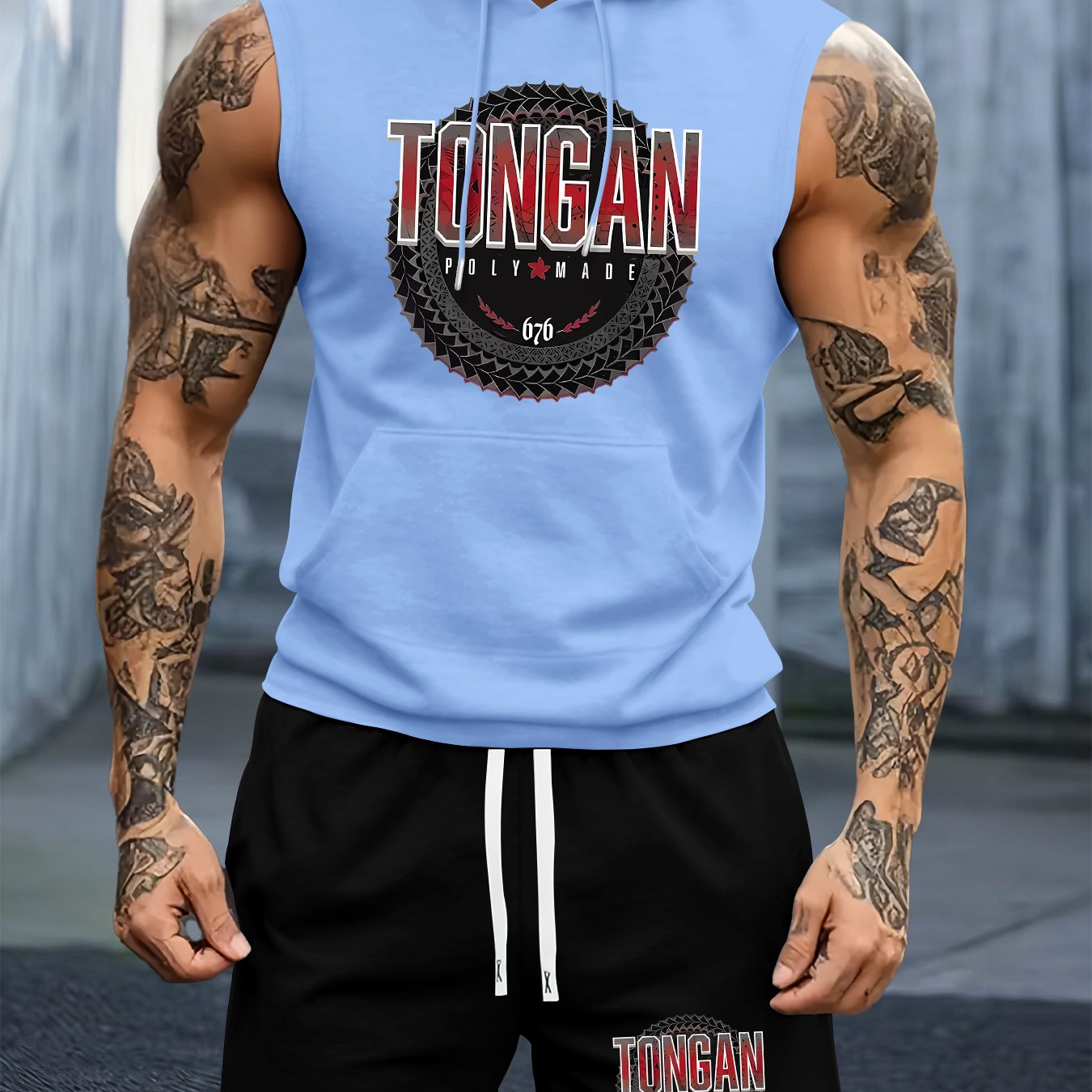 TEMU Hooded Vest Outfit Featuring Tongan Patterns, Suitable For Summer Sports, Gym Training, Outdoor Activities, And Casual Wear, Consisting Of A