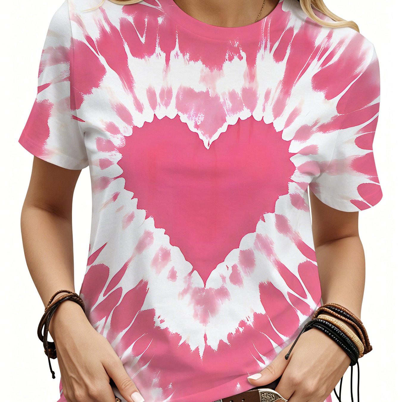 TEMU -shirt Tendance et Polyvalent pour Femme à Manches Courtes avec Cœur Rose Tie-Dye, T-shirt Décontracté et Élégant à Col Rond et Manches Courtes,