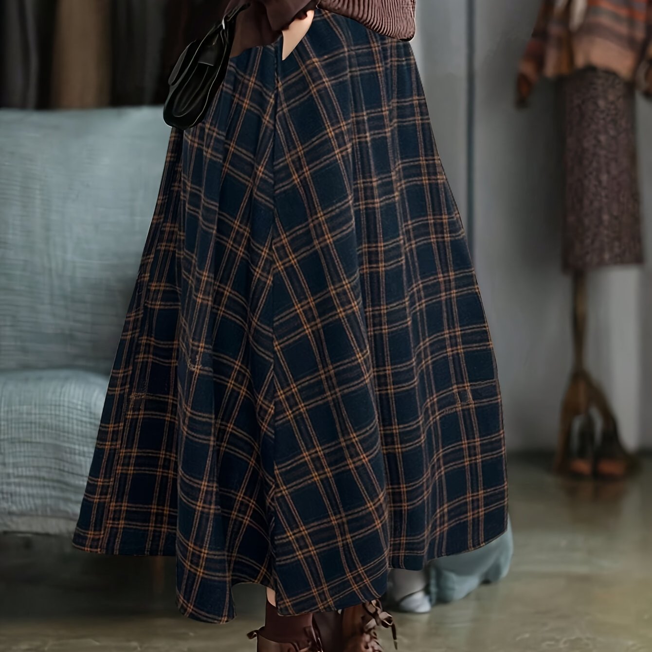 TEMU Women's Spring/autumn Casual/ Side Pocket Elastic Waist Vintage A-line Long Skirt