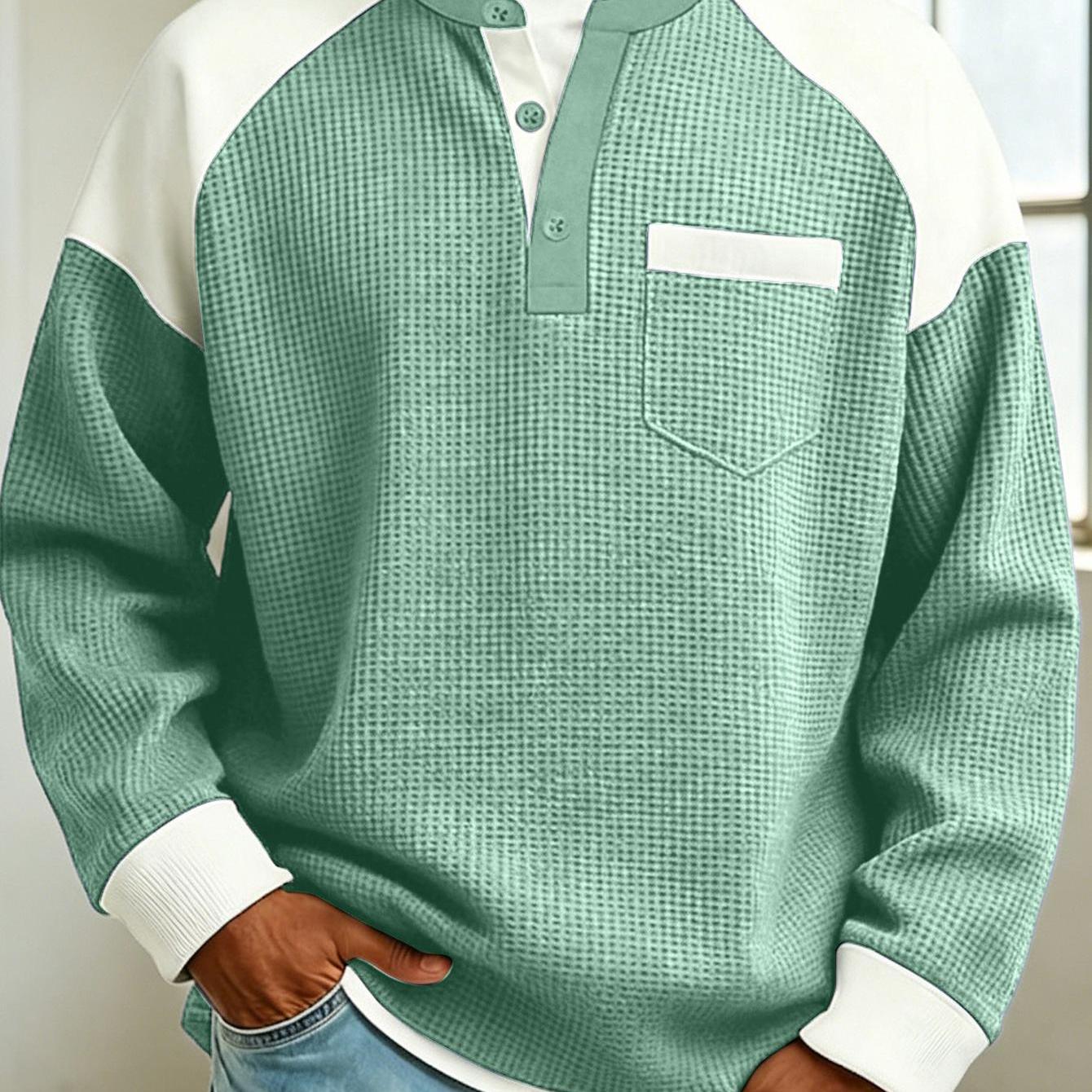 Men's Color Block Waffle Knit Henley Long Sleeve Shirt, Raglan Contrast Collar 3 Button Pullover Top, Relaxed Fit Casual Sweatshirt For Outdoor Street Minimalist Trendy Everyday