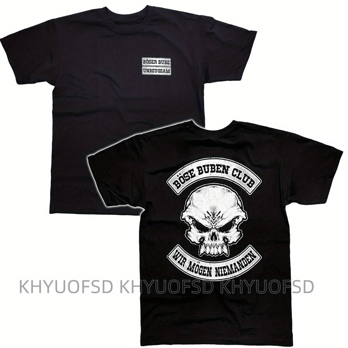 Image of Buben Shirt Patch 2 Unyielding Wmn Men's Gothic Skull & Text Graphic T-shirt - 100% Breathable Regular Fit Short Sleeve, Edgy Biker- With " Buben Club" & "morgen Mord" Print