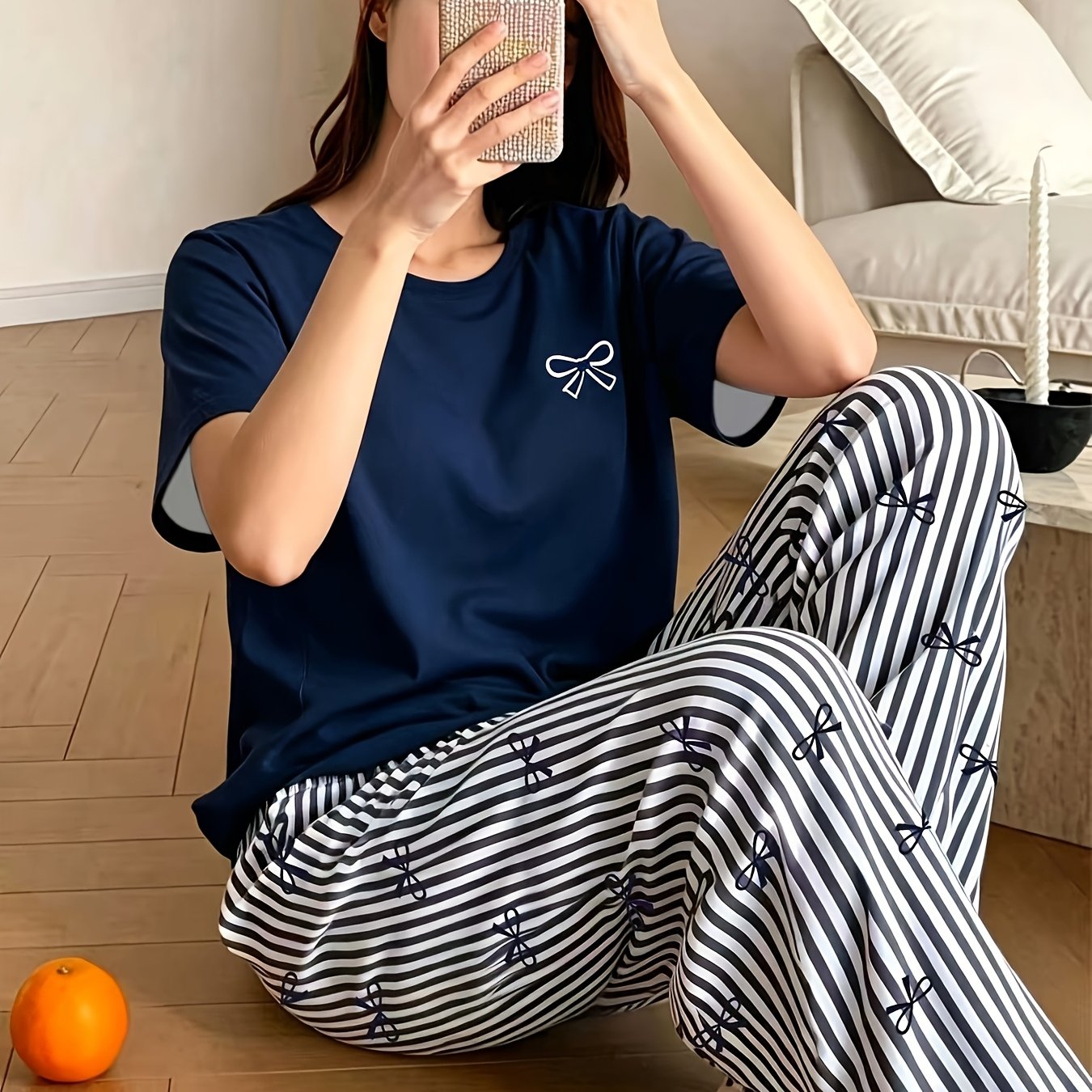 TEMU Ensemble pyjama décontracté pour femme printemps/été avec haut à col rond avec nœud papillon et pantalon long à nœud papillon rayé