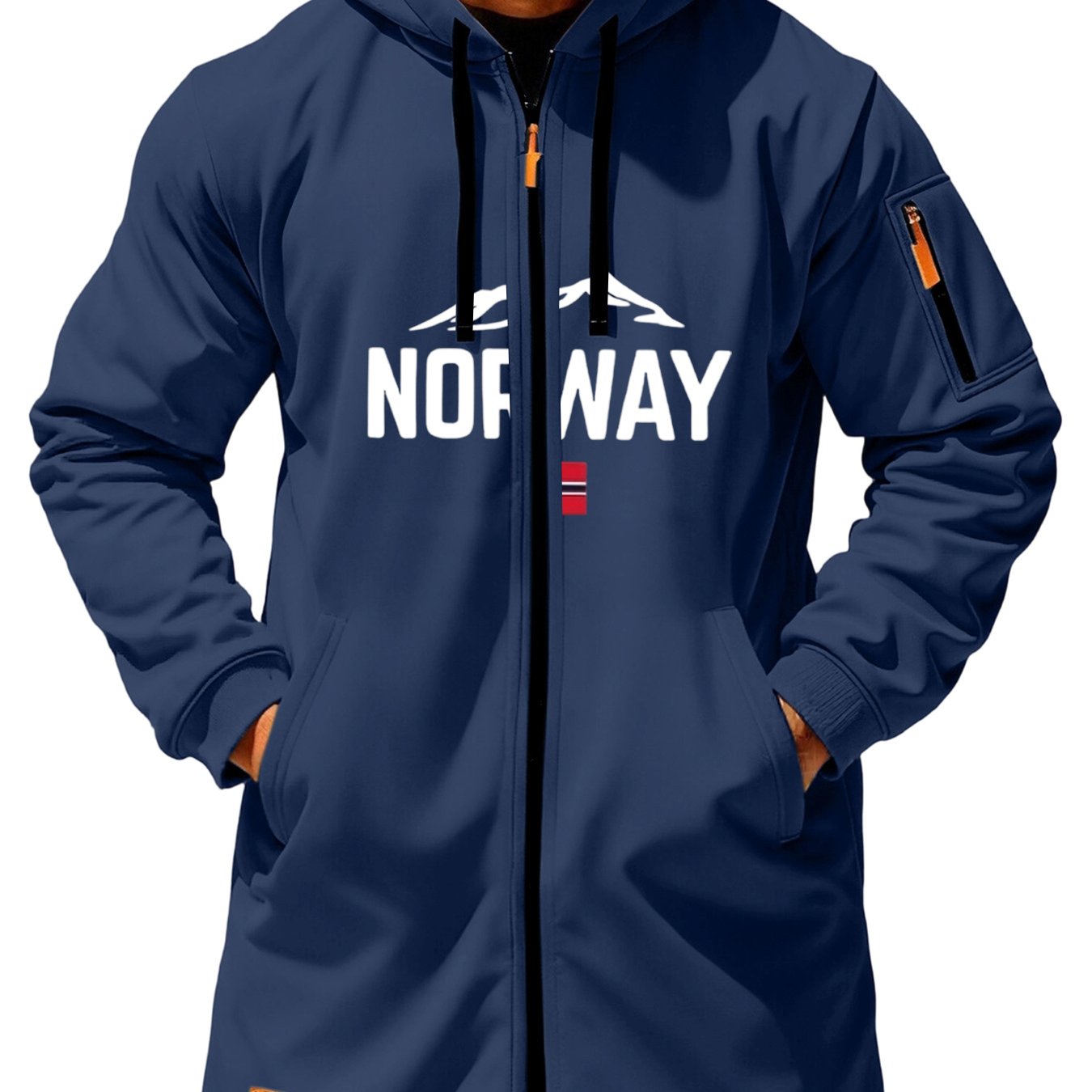 TEMU Men's Hooded Long Trench Coat Full Zipper Cardigan Norway Theme Letters And Mountains And Printed Side Arm Stitching Zipper Bag And Hem Label