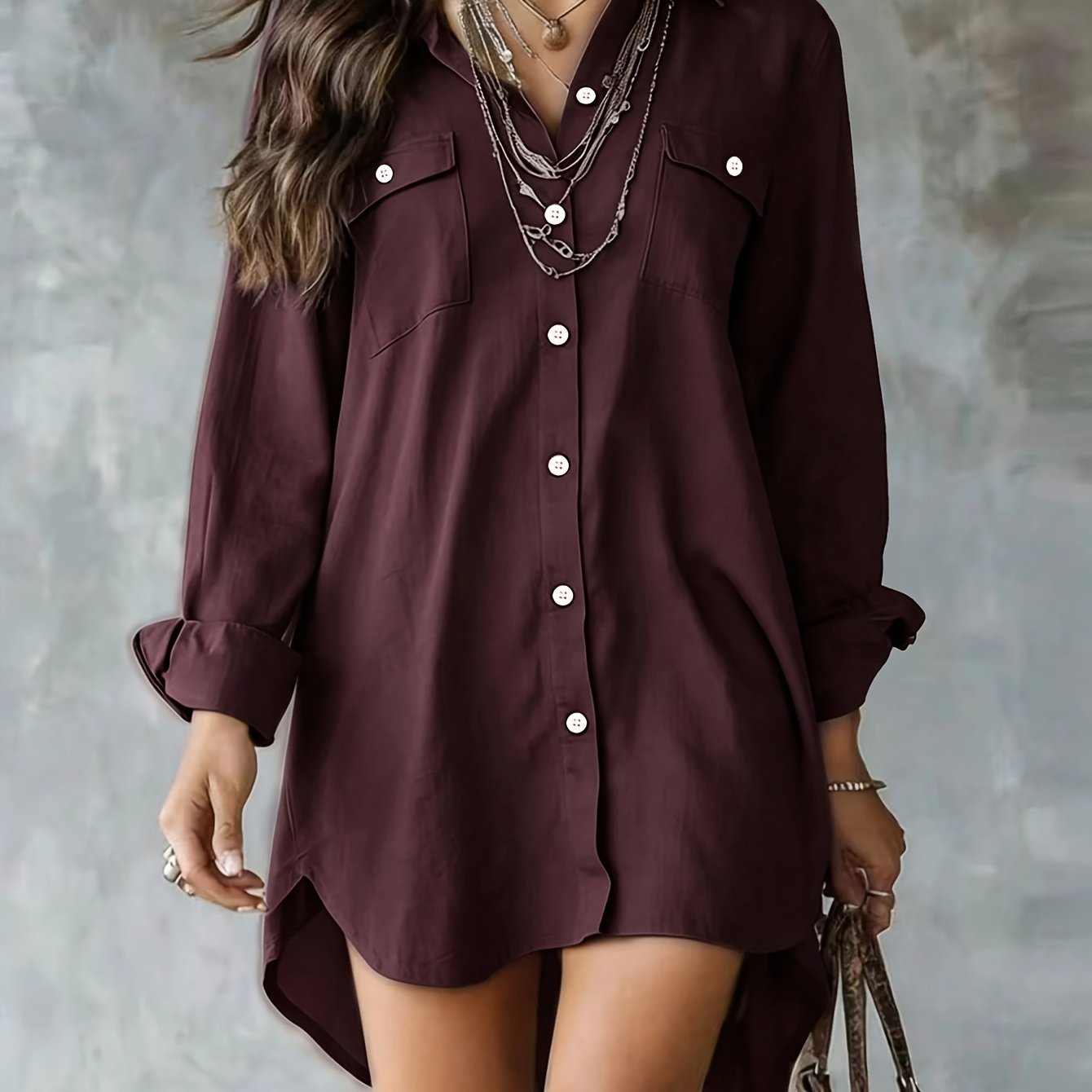 TEMU Chemise décontractée grande taille pour femme, couleur unie, manches longues, style , courte à l' et longue à l'arrière, convient pour les