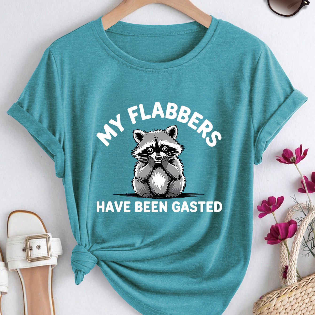 TEMU Women's Casual Athletic T-shirt My Flabbers Have Gasted Little Raccoon Print Spring Summer Autumn Round Neck Short Sleeve T-shirt Fashion Casual