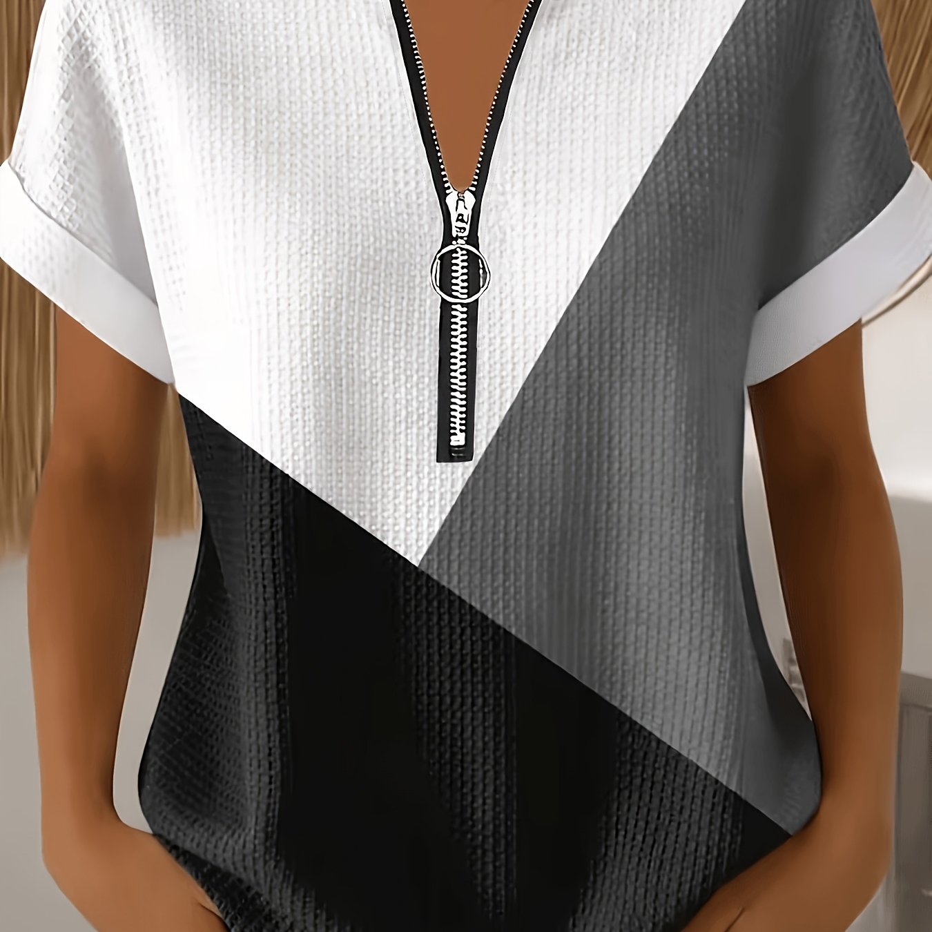 TEMU Plus Size, Plus Size Summer Zipper V-neck Vintage Geometric Waffle Top With Rolled Cuffs