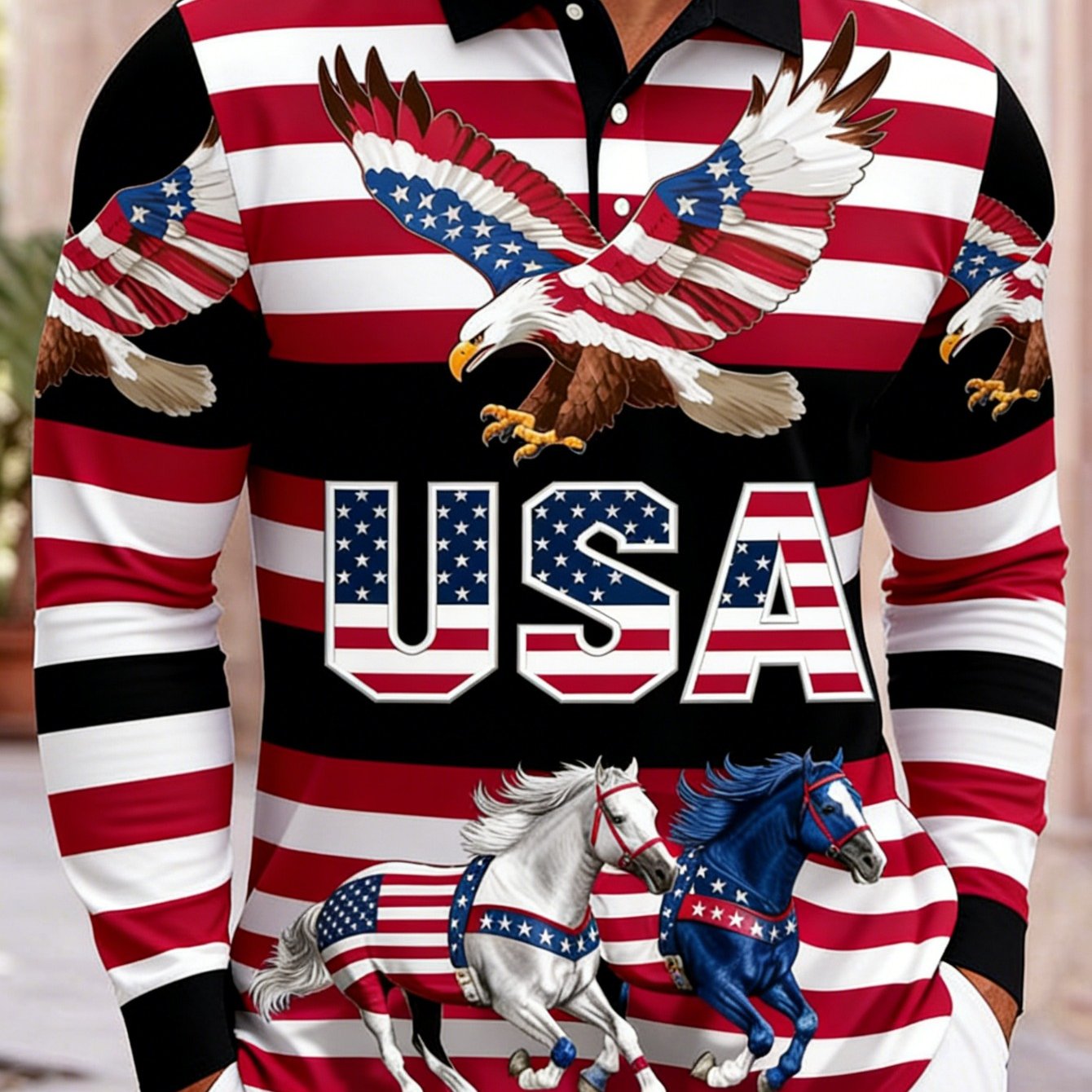 TEMU Men's 3d Long-sleeve Shirt | Red, White, And Black Color Blocking With , Bald Eagle, And Horse - Usa Patriotic Style | Suitable For , Casual Everyday Wear, Trendy Men's Clothing