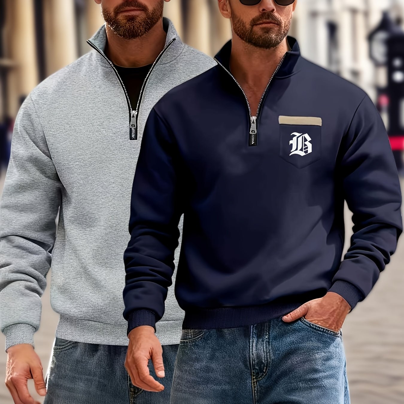 TEMU Cross-border Men's Loungewear, Autumn And Winter, Fleece-lined, Thick And Warm Top, Stylish And Comfortable 2-pack With Collar And Zipper.