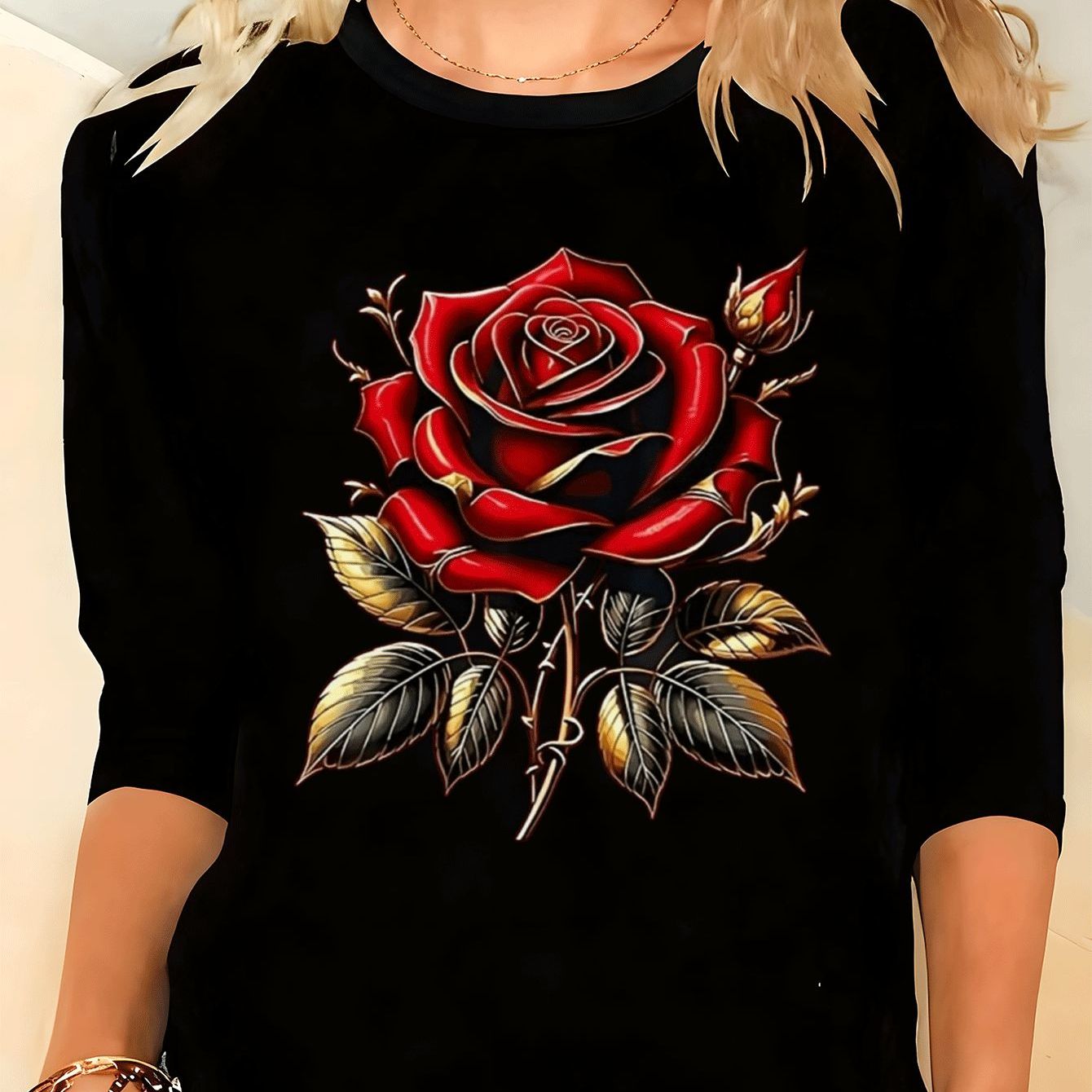 TEMU Size Long Sleeve T-shirt With Red Rose Print For Women, Comfortable And Stylish Top For Curvy, Ideal For Daily Casual Wear In Autumn And Winter