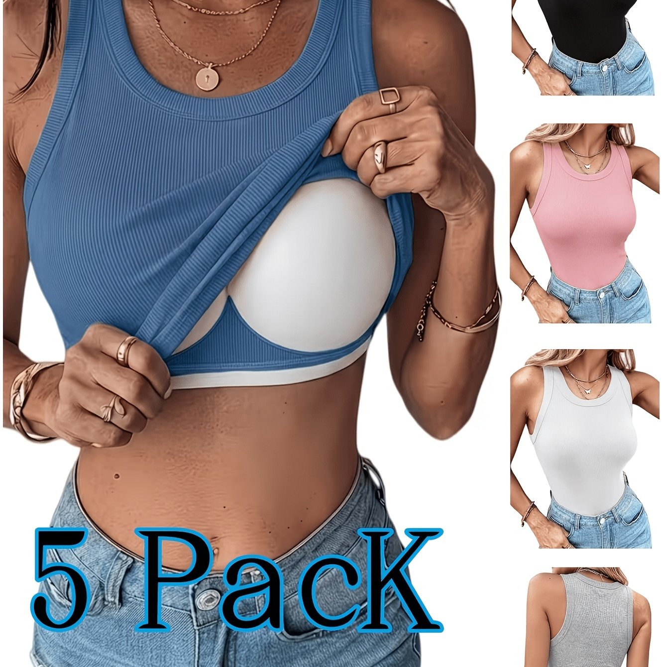TEMU 5pcs Pack Women's High-elastic Round Neck Sleeveless With Chest Pad - Solid Color Vests Suitable For Yoga, Gym, Commuting & Layering, Spring