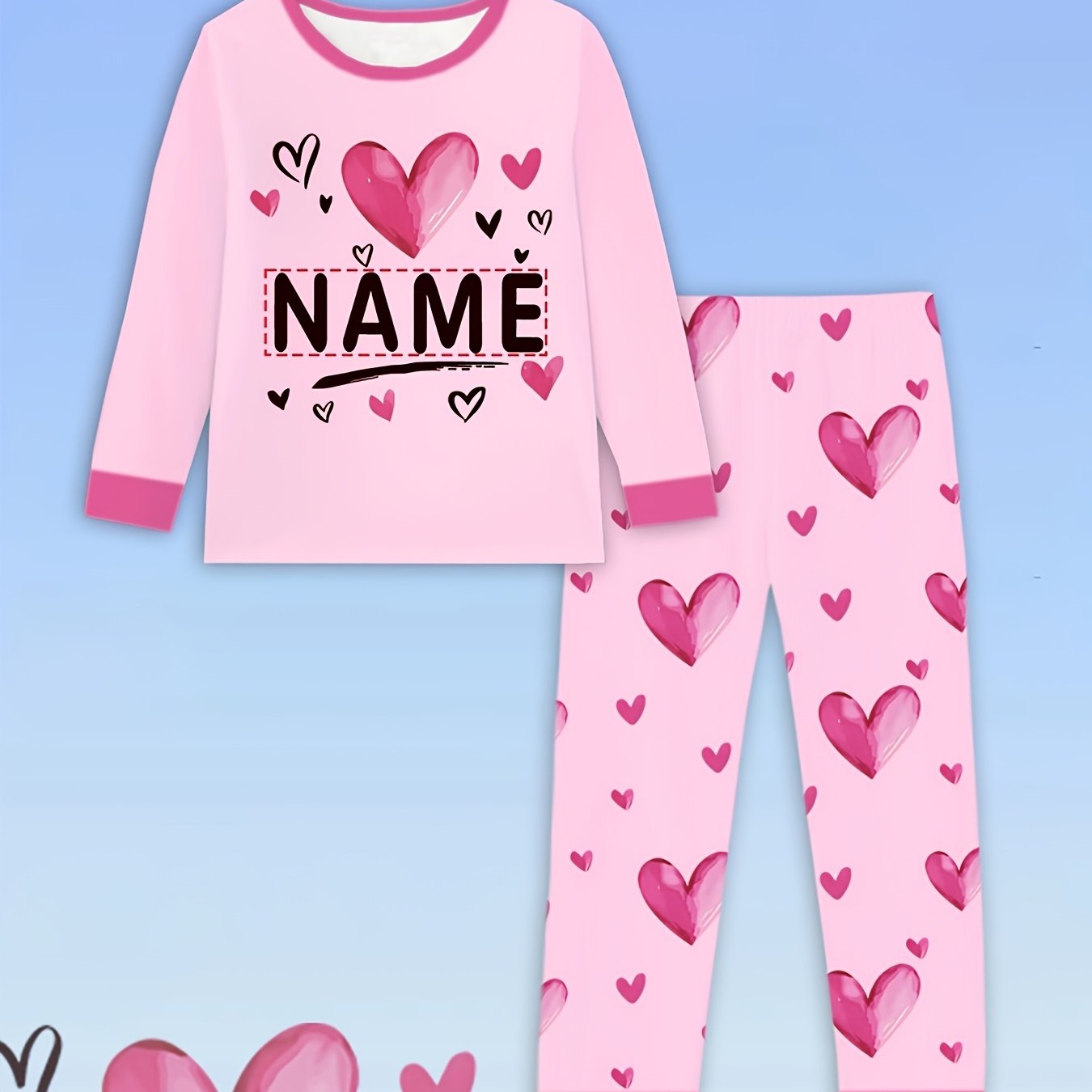 Image of Girls' Casual Round Neck Heart Print Long Sleeve Top + Long Pants 2pcs Set