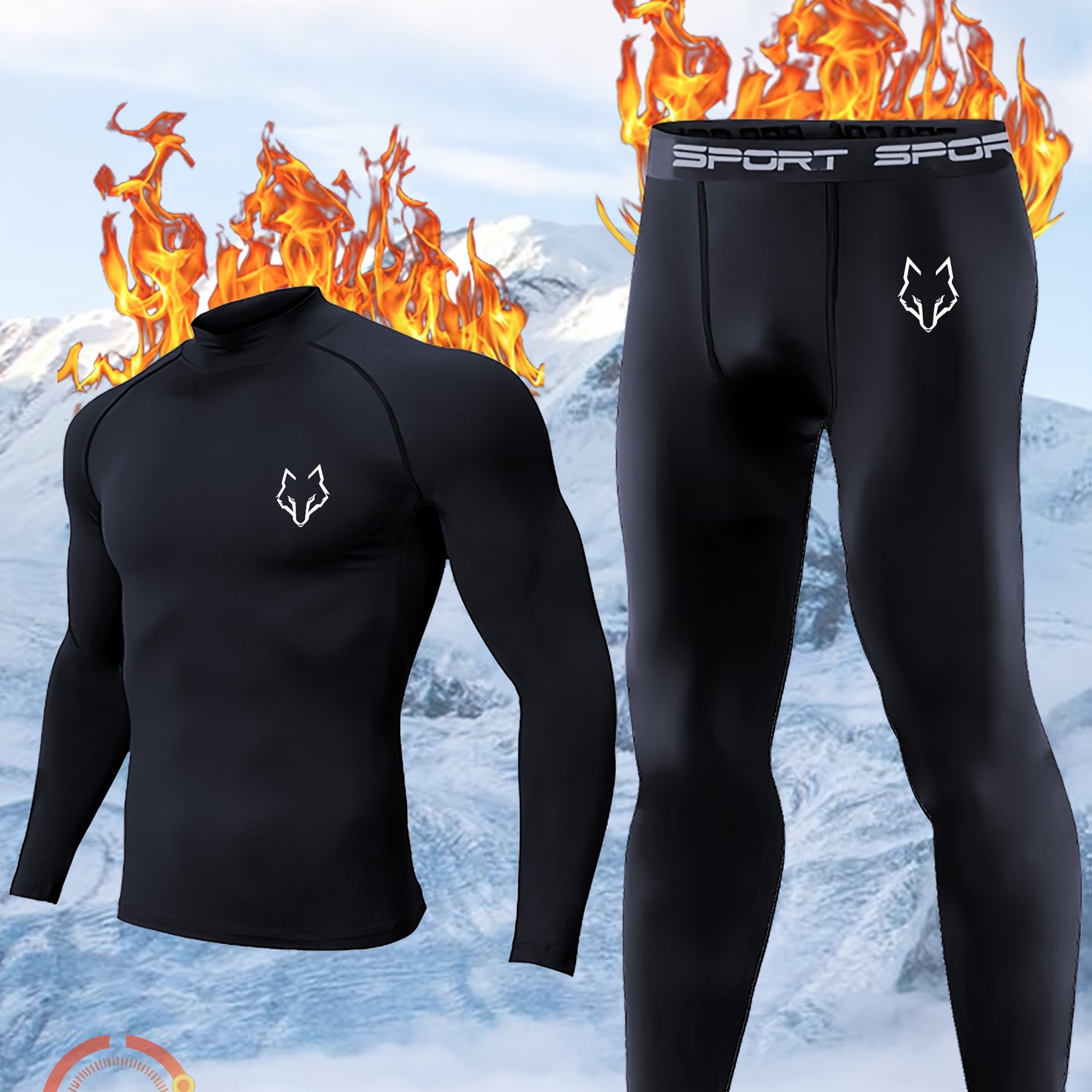 2pcs Thermal Underwear Set For Men - Black Sports Base Layer With Wolf Logo, 4h For Hiking, Skiing & Cold Weather, Winter Warm Long Johns For Skiing & Outdoor Activities