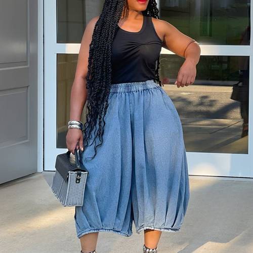 plus size womens wide leg jeans casual loose and elastic straight leg