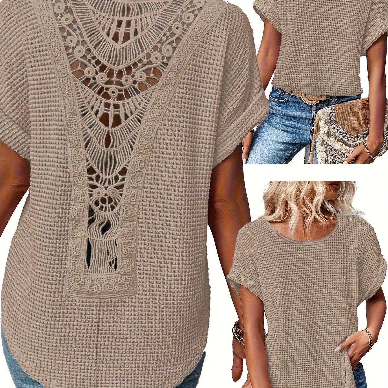TEMU T-shirt décontracté d'été pour femme, grande taille, avec patchwork de dentelle, col rond et manches courtes