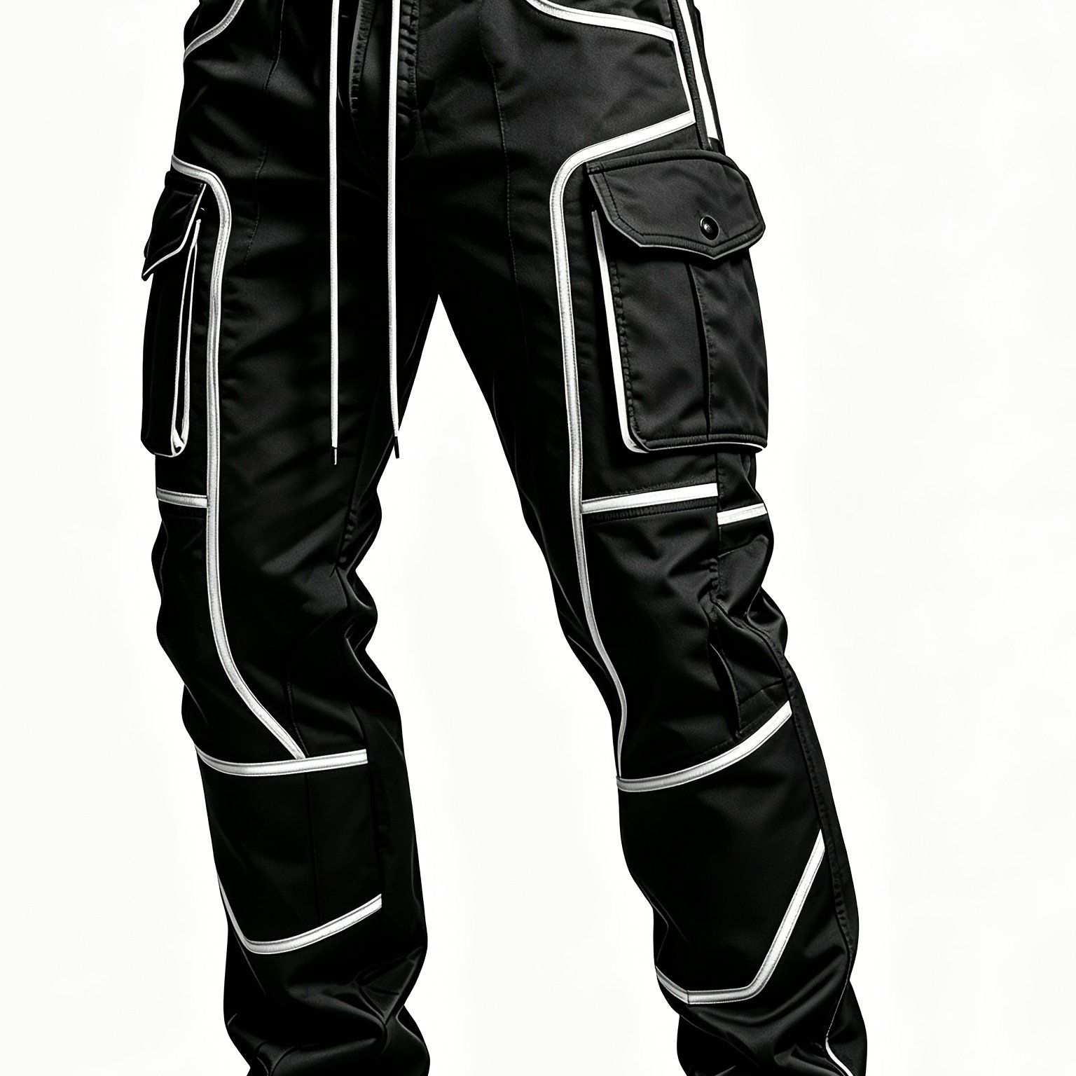 Image of Plus Size Men's Style Contrasting Overalls, Plus Size Men's Black And Green Color Scheme Elastic Waist Loose Straight Casual Trousers, Four-season Outdoor Commuting