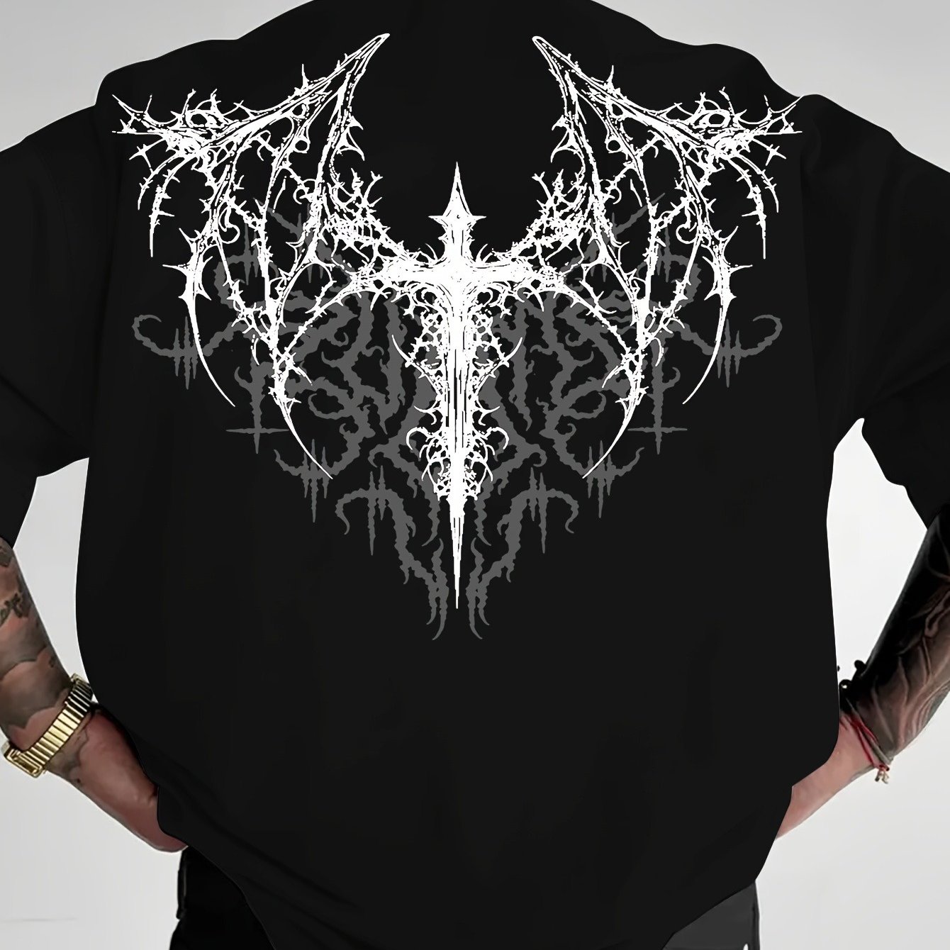 Image of Men's Gothic Street Style T-shirt - Dark Wing Print, Loose Casual Hip-, Summer Outdoor Wear, Breathable And Comfortable Regular Neck Tee, 2d Heat Transfer
