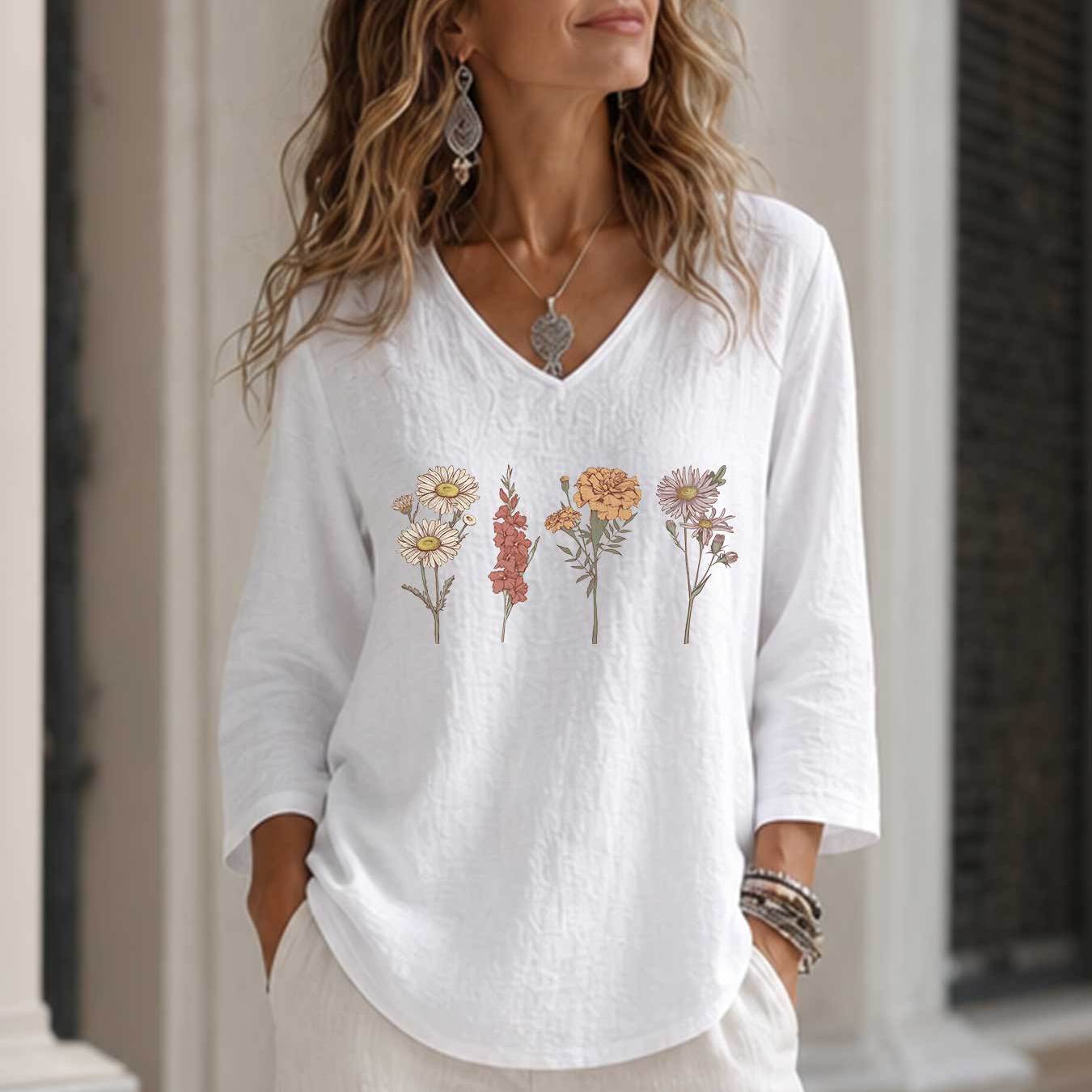 TEMU Spring Summer Autumn Casual Easy Breathable Comfortable Top, Retro Style, Daisy, Lily Of The Valley, Carnation, Print, Casual Versatile Commute