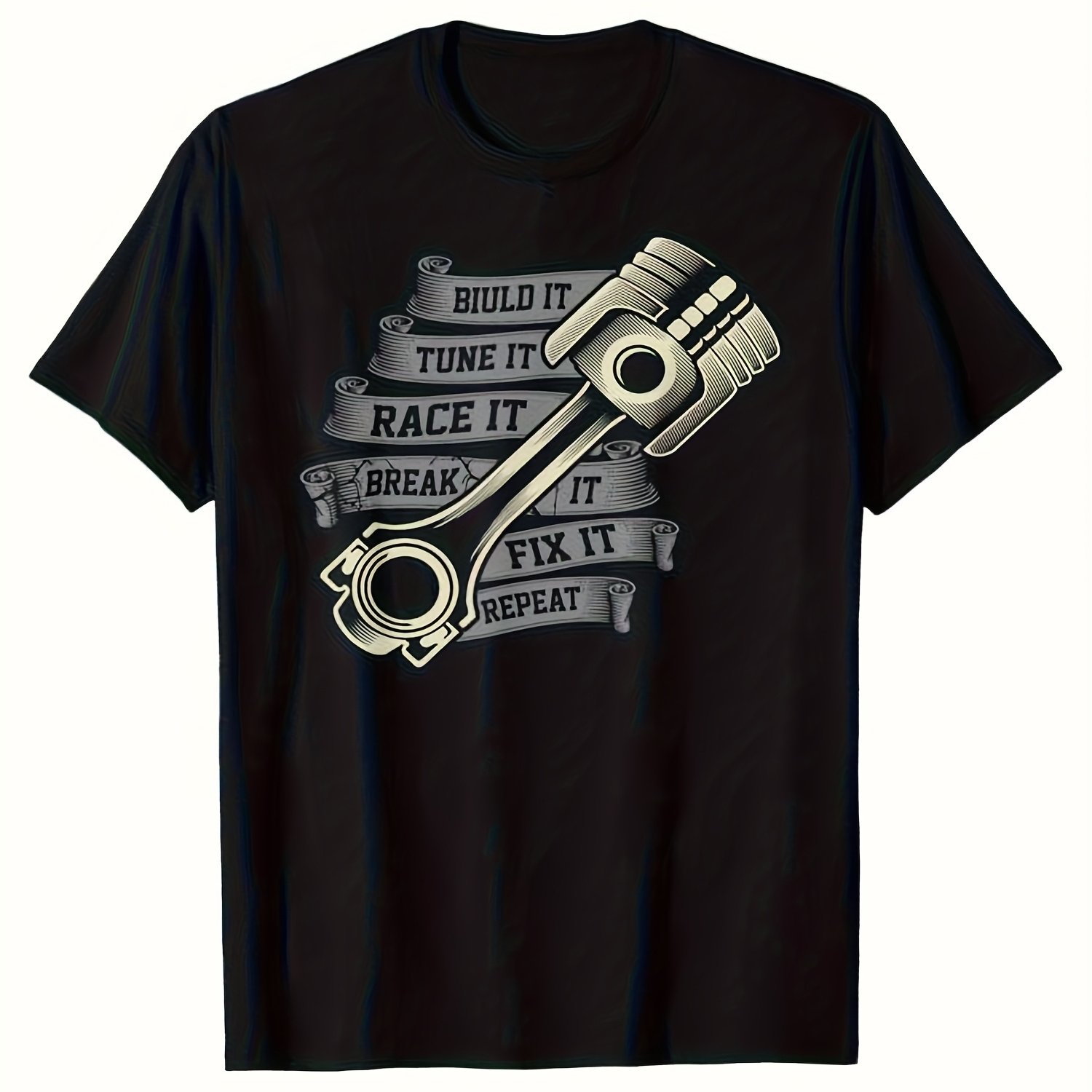 TEMU Local Warehouse Men's Heavy-duty Pattern T-shirt- Work T-shirt With Mechanical Piston And Wrench Design- Soft, Breathable, Loose- Neck Shirt,