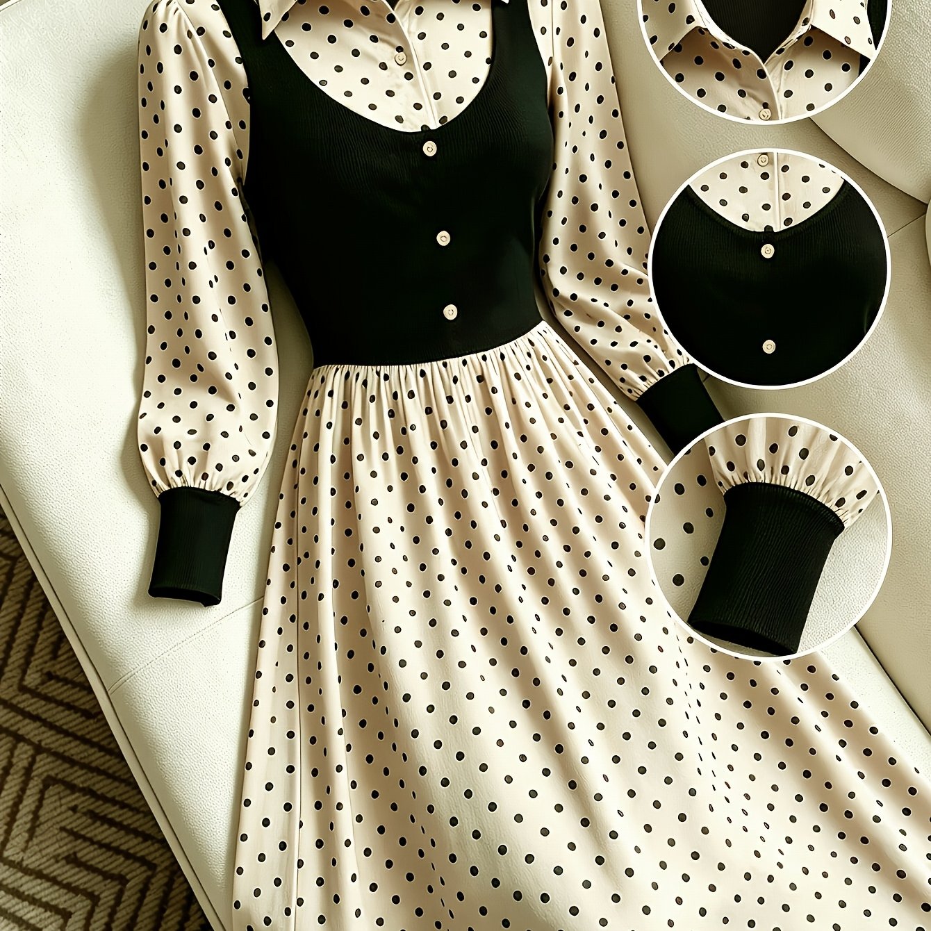 TEMU Women's Elegant Casual Color Block Polka Dot Maxi Dress For Autumn Parties, Office, Brunch, And Picnics