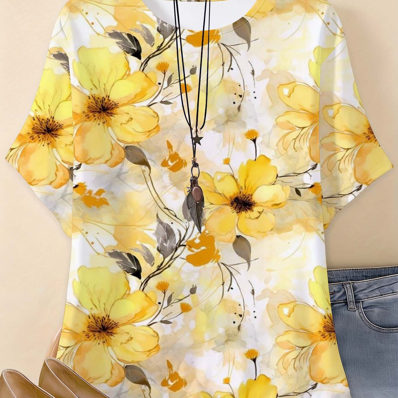 TEMU Plus Size - Plus Size Women's Yellow Floral Print Round Neck Regular Short Sleeve T-shirt, Casual Wear, Sizes 0xl To 9xl, Stretchy, Machine