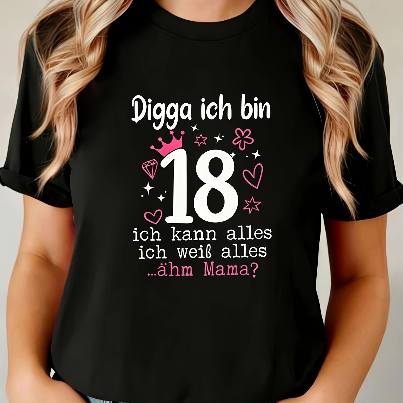TEMU Women's 18th Birthday T-shirt " Ich Bin 18" Lettering & Print - Loose Neck Short Sleeve Top, Suitable For Parties, Casual Wear, Machine Washable