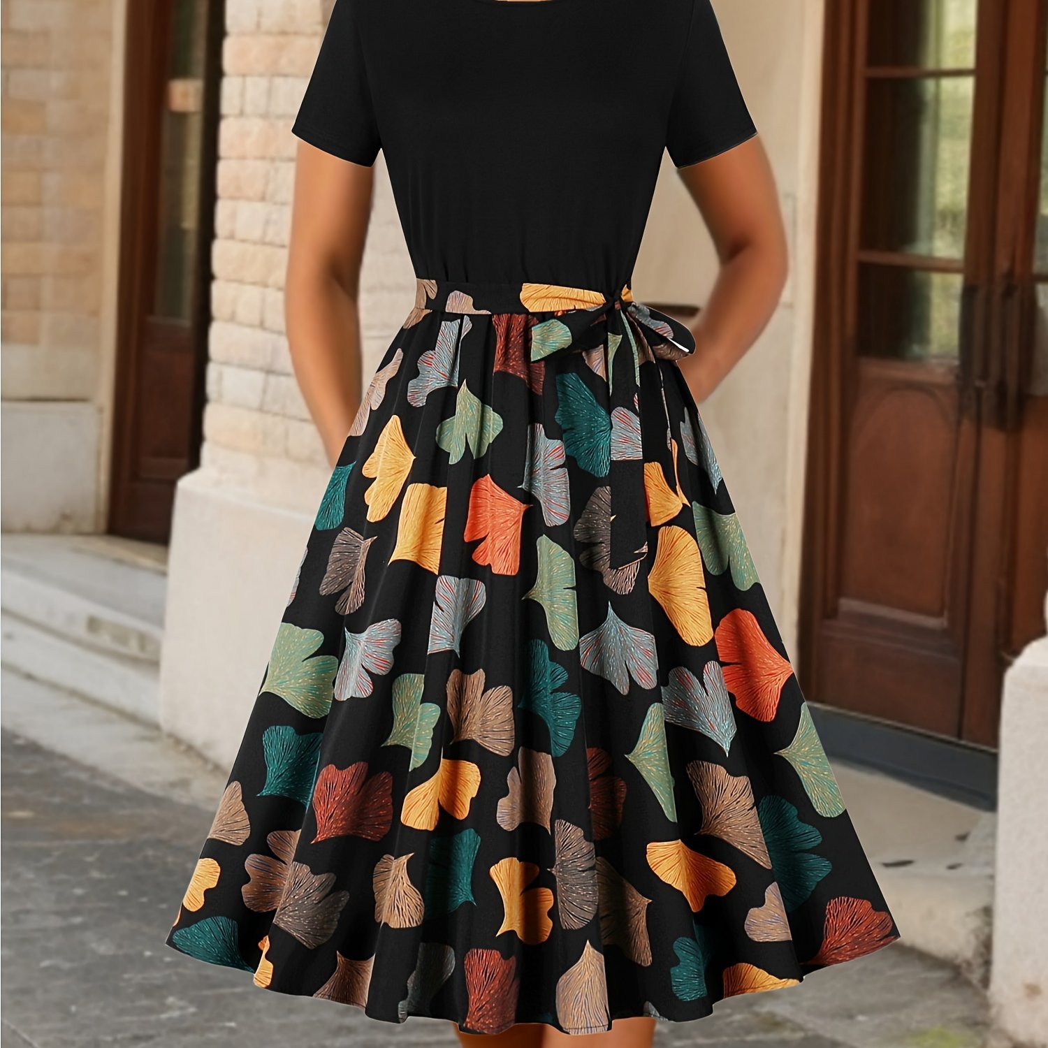 Image of Floral Print Crew Neck Dress, Elegant Short Sleeve Belted Dress For , Women's Clothing