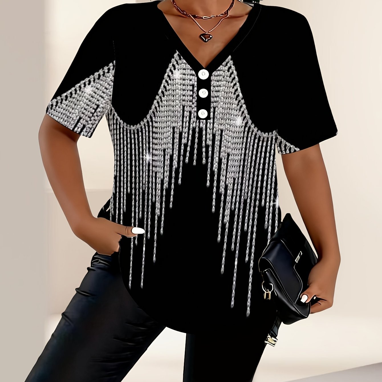 TEMU Plus Size Women's V-neck Short-sleeved T-shirt With Black Background, Sparkling Diamond Tassel Print, , Printed Fabric, Soft, Skin-friendly,