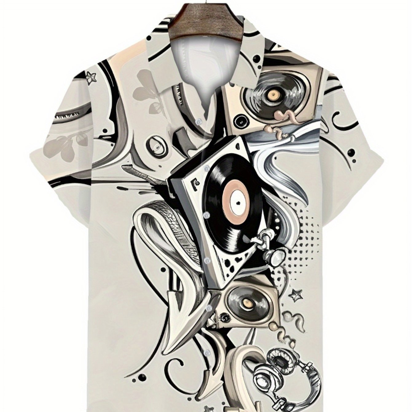 TEMU A Short-sleeved Shirt For Men Featuring Elements, With A Design Around Graffiti Of Record Players And Speakers. It Has A Casual Lapel And A